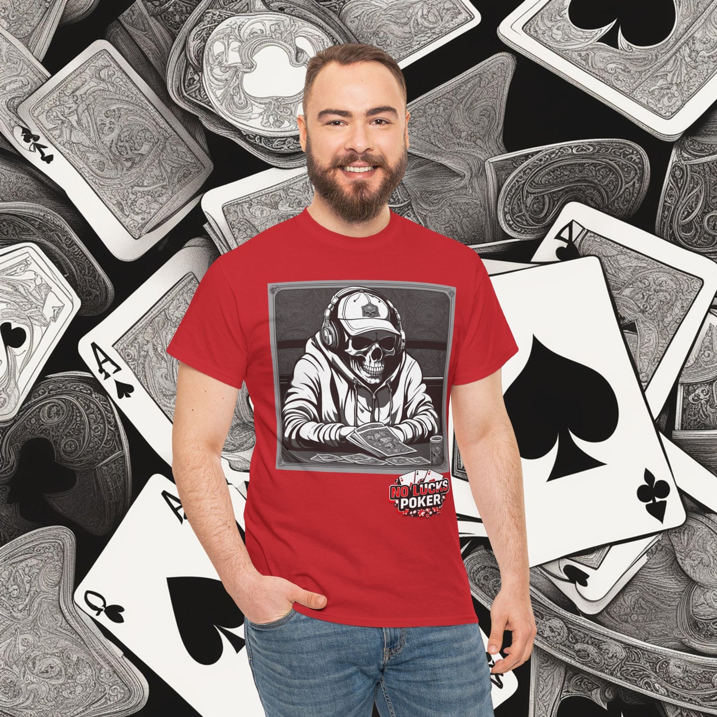 Poker Skull in hoodie and headphones unisex heavy cotton T-shirt No Lucks Given