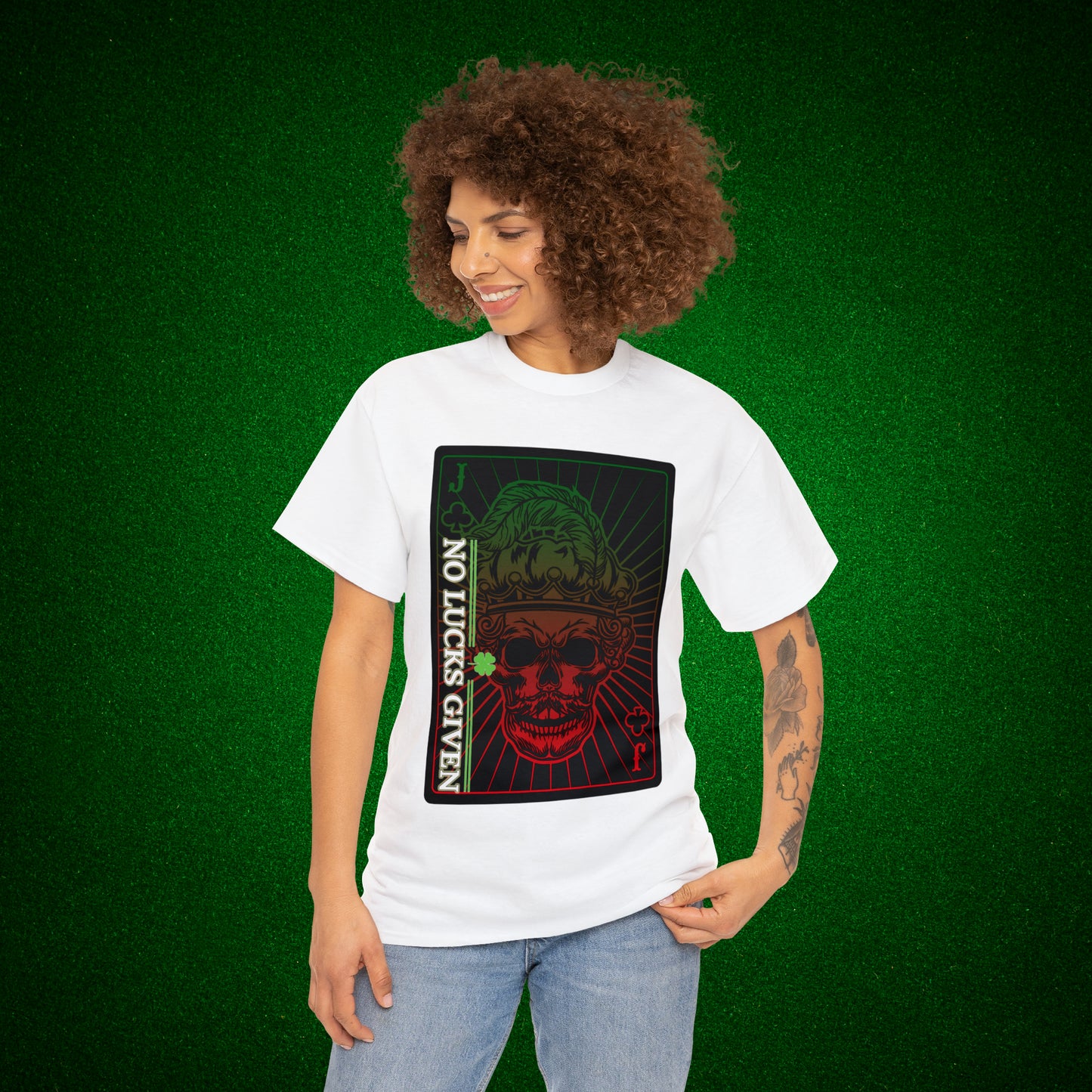 No Lucks Given Jack Skull in Crown of Clubs Green Red Poker T-Shirt Must have Good Luck All-in