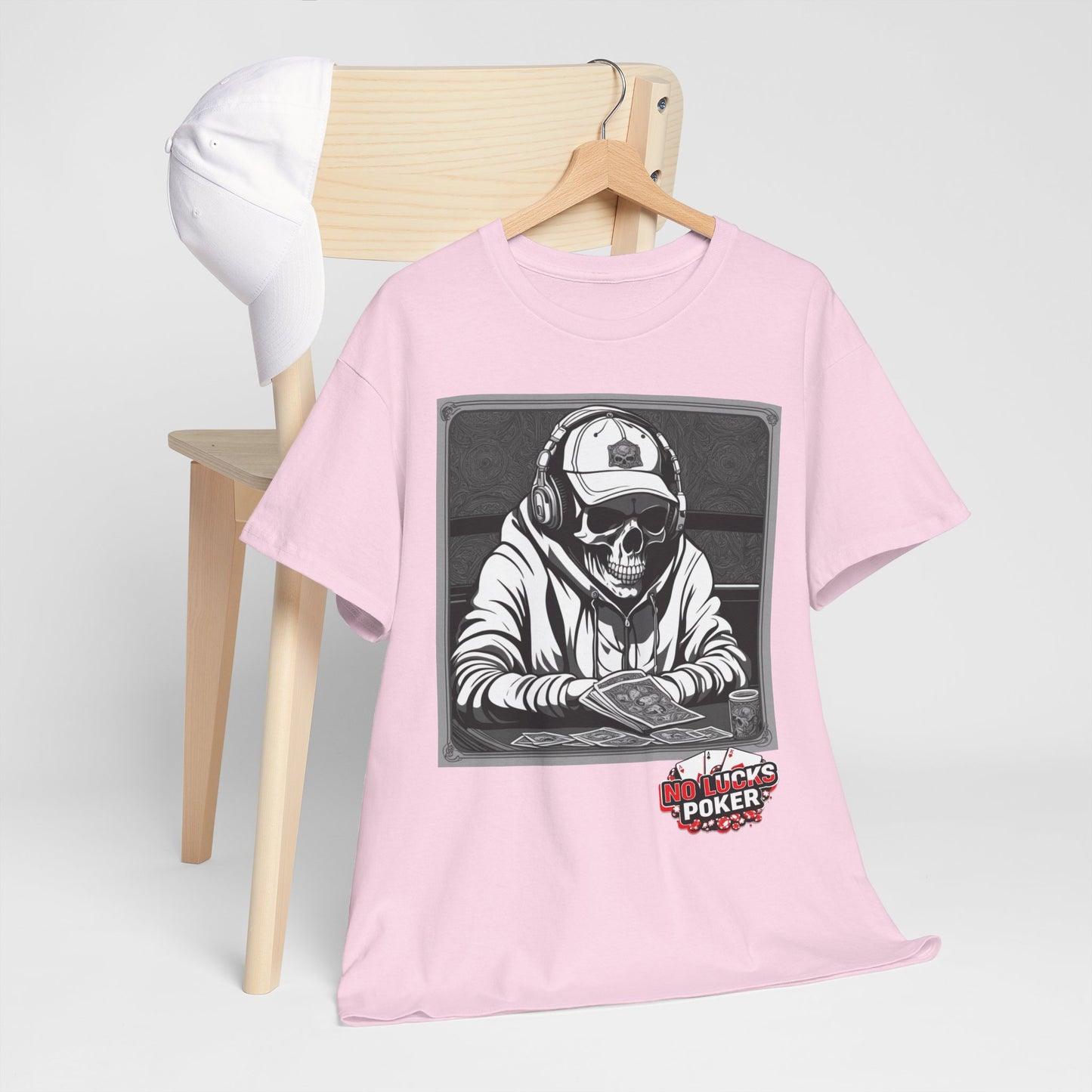 Poker Skull in hoodie and headphones unisex heavy cotton T-shirt No Lucks Given