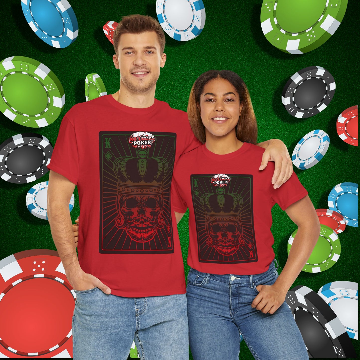 No Lucks Given Royal Skull King of Diamonds Red and Green Poker T-Shirt Must have Good Luck All-in