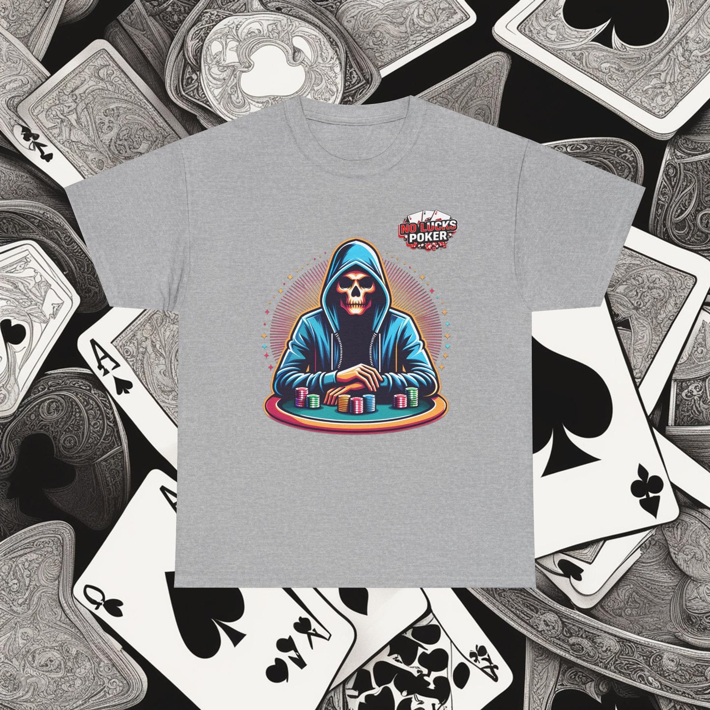 Poker Player with Skull at Poker Table 0 Lucks Given Unisex heavy cotton tee Poker Apparel