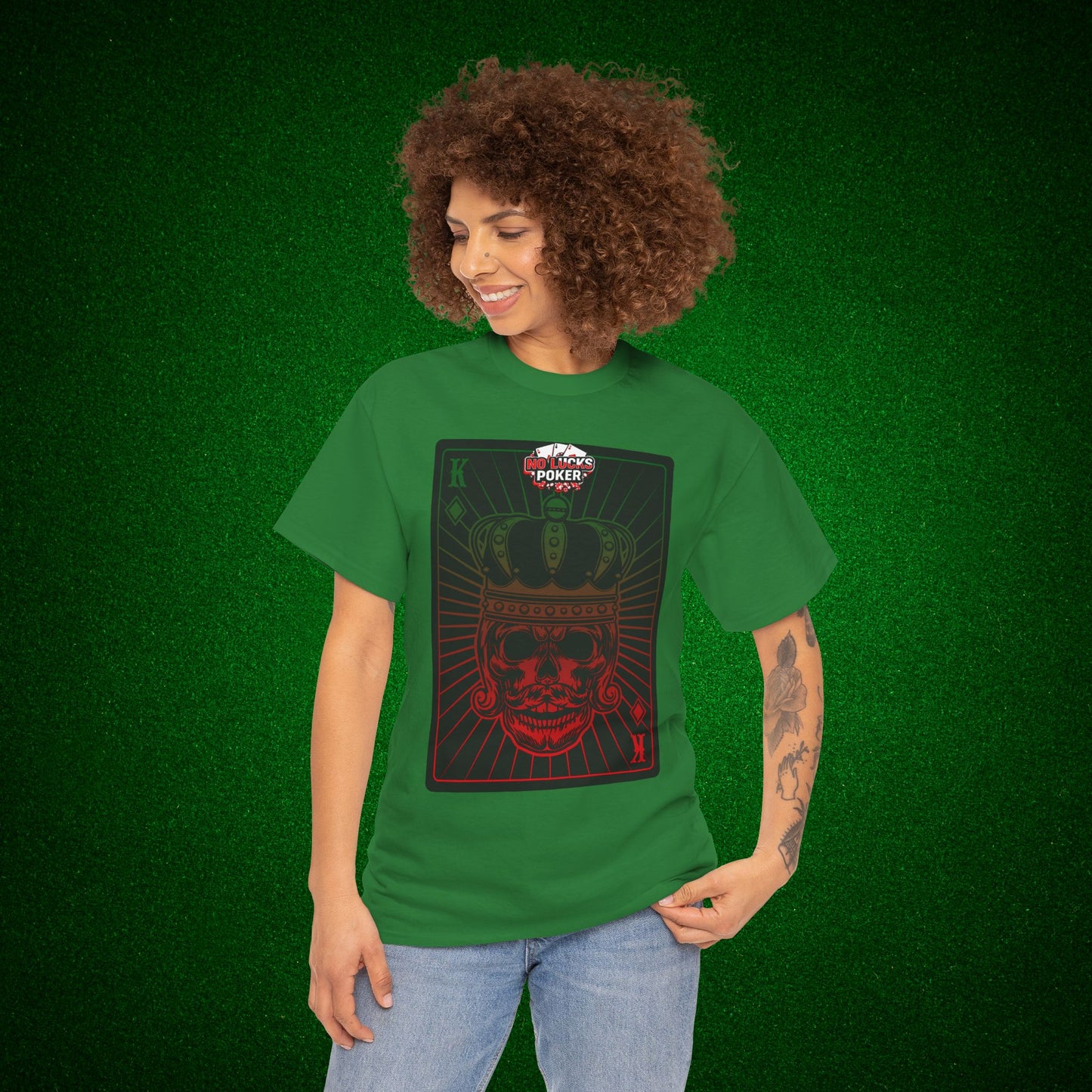No Lucks Given Royal Skull King of Diamonds Red and Green Poker T-Shirt Must have Good Luck All-in