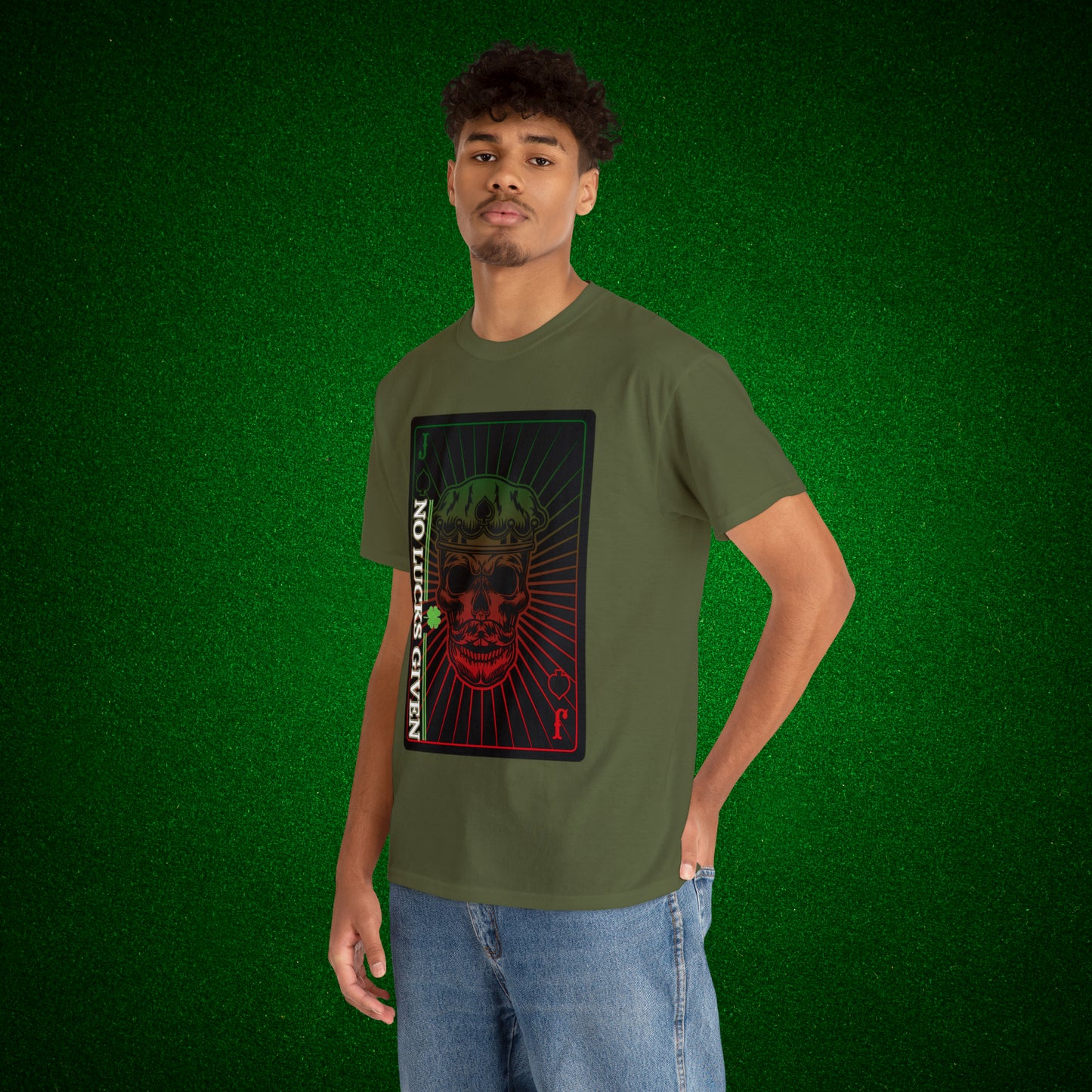 No Lucks Given Jack Skull in Crown of Spades Green Red Poker T-Shirt Must have Good Luck All-in