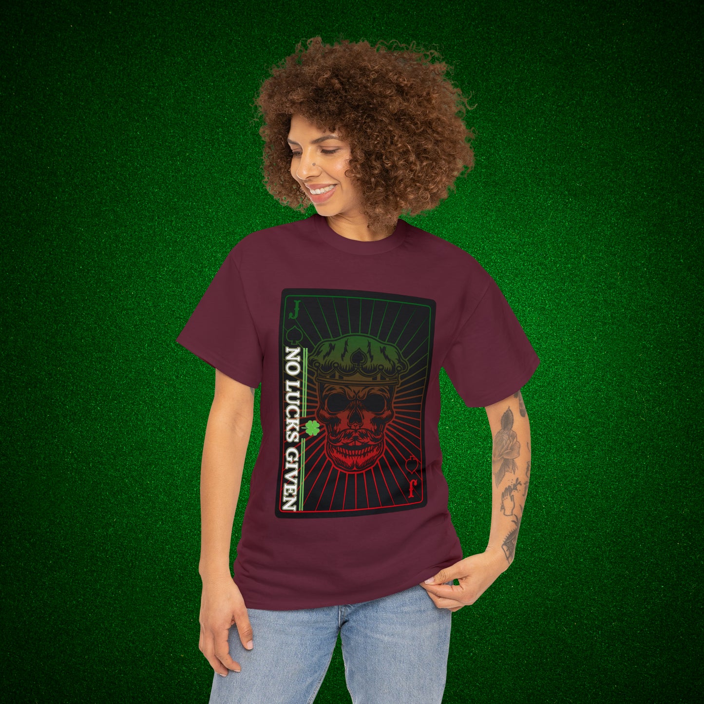 No Lucks Given Jack Skull in Crown of Spades Green Red Poker T-Shirt Must have Good Luck All-in