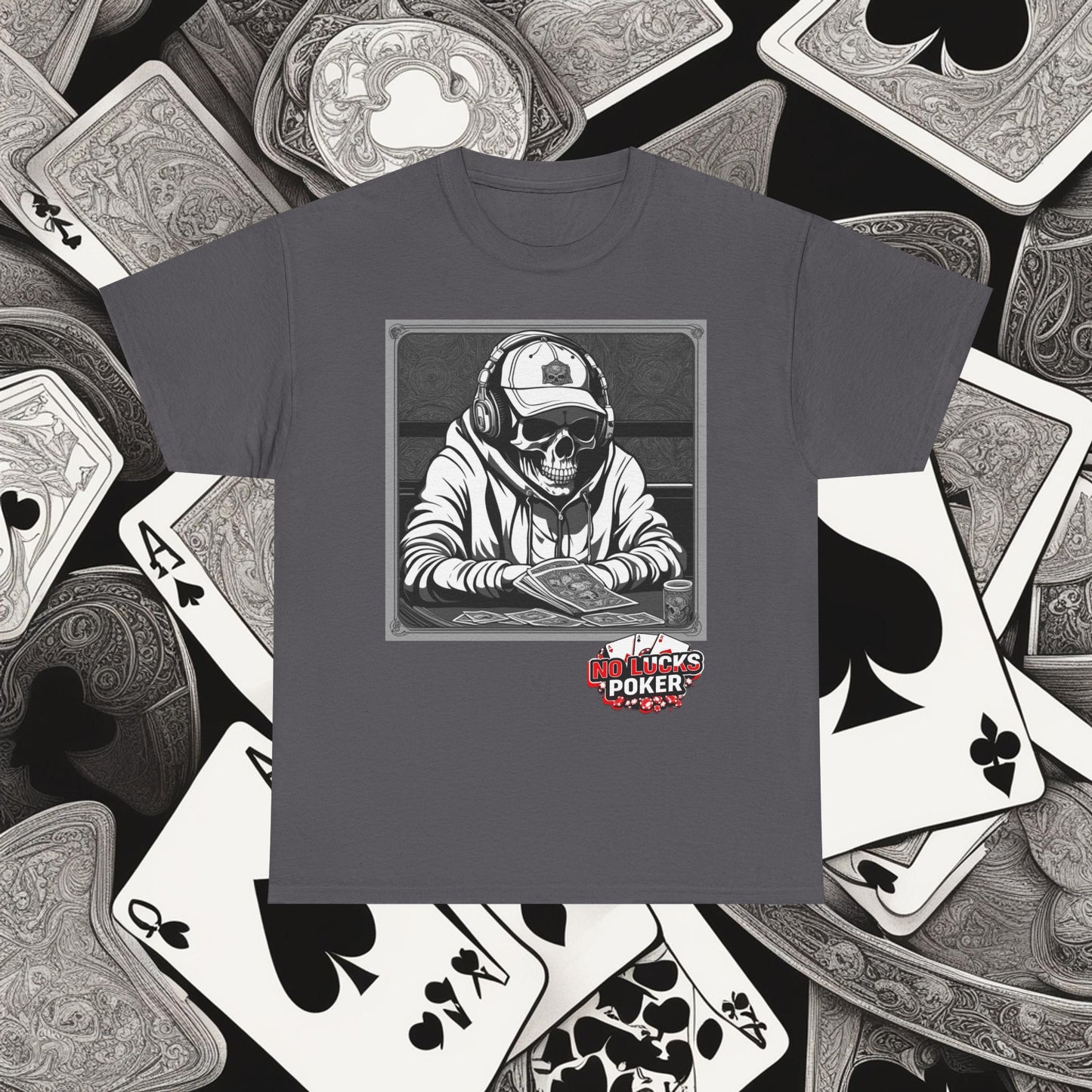 Poker Skull in hoodie and headphones unisex heavy cotton T-shirt No Lucks Given