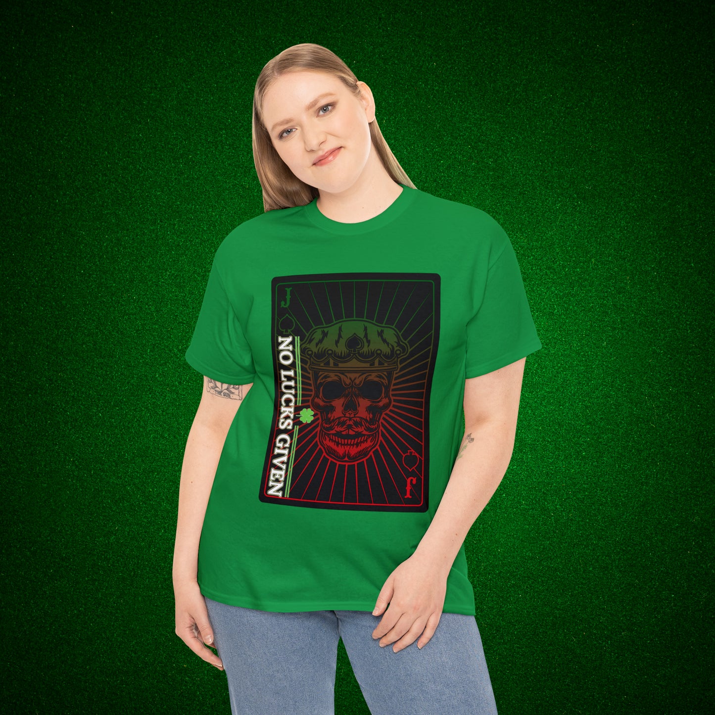 No Lucks Given Jack Skull in Crown of Spades Green Red Poker T-Shirt Must have Good Luck All-in