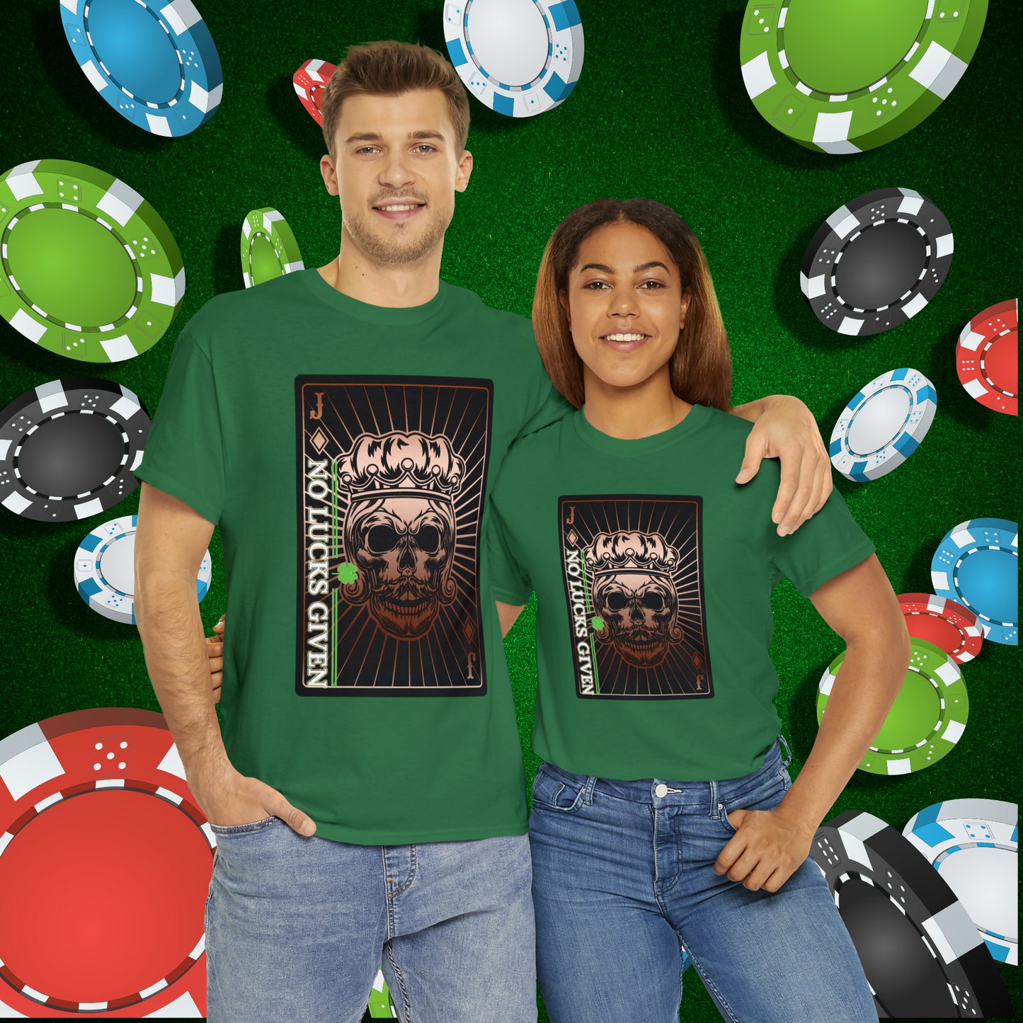 No Lucks Given Jack Skull in Crown of Diamonds Copper Poker T-Shirt Must have Good Luck All-in