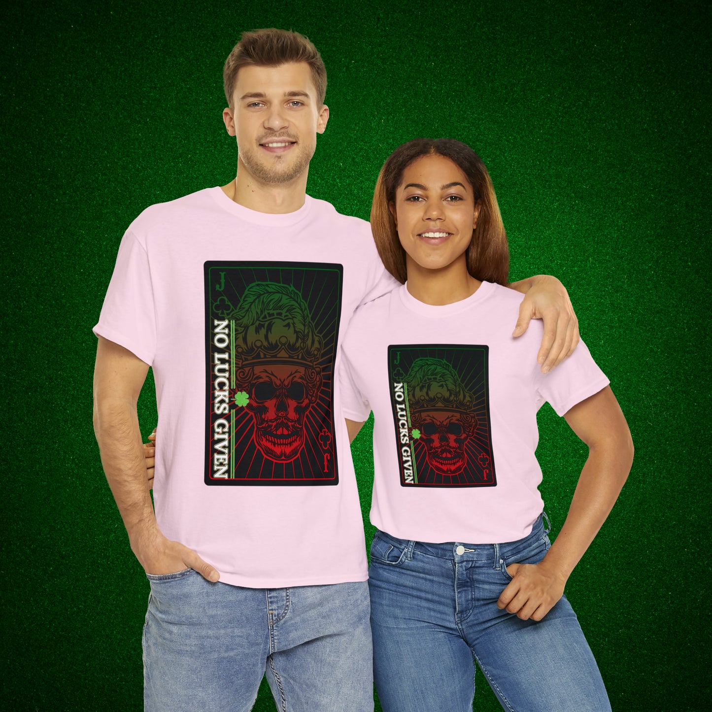 No Lucks Given Jack Skull in Crown of Clubs Green Red Poker T-Shirt Must have Good Luck All-in