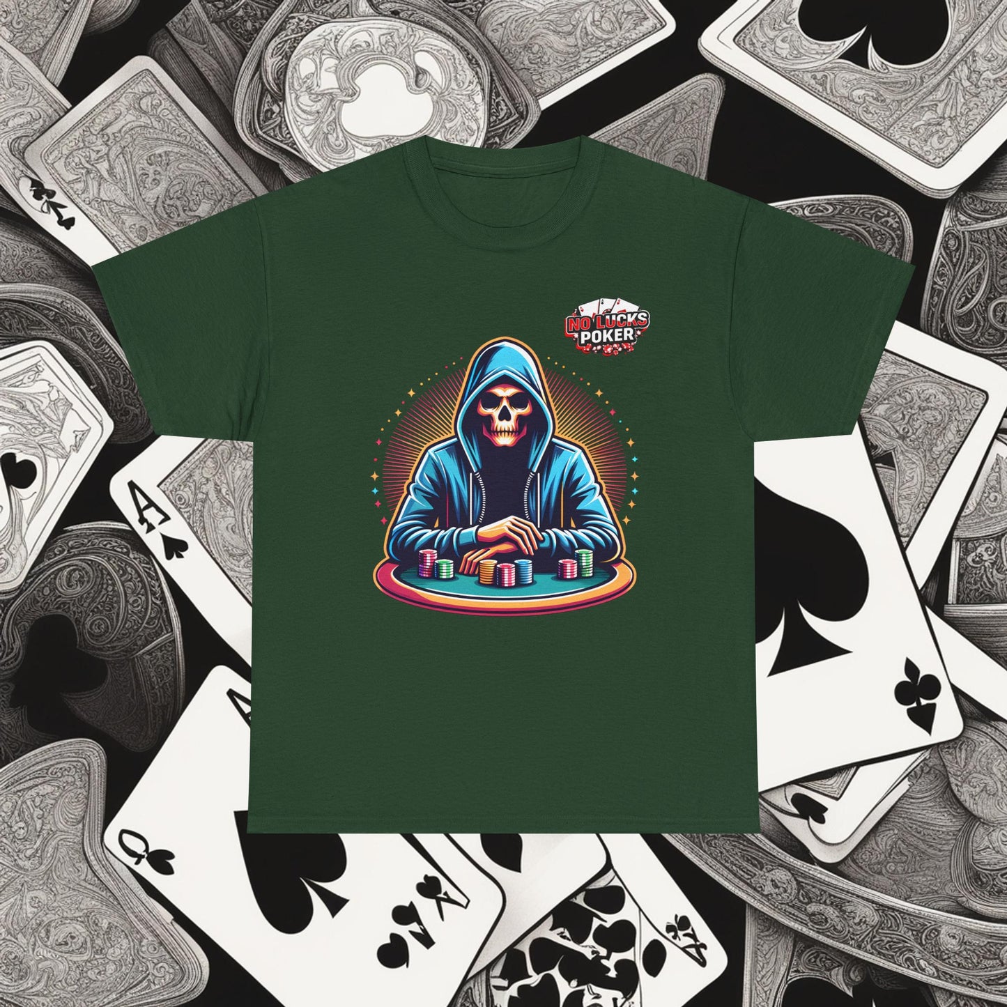Poker Player with Skull at Poker Table 0 Lucks Given Unisex heavy cotton tee Poker Apparel