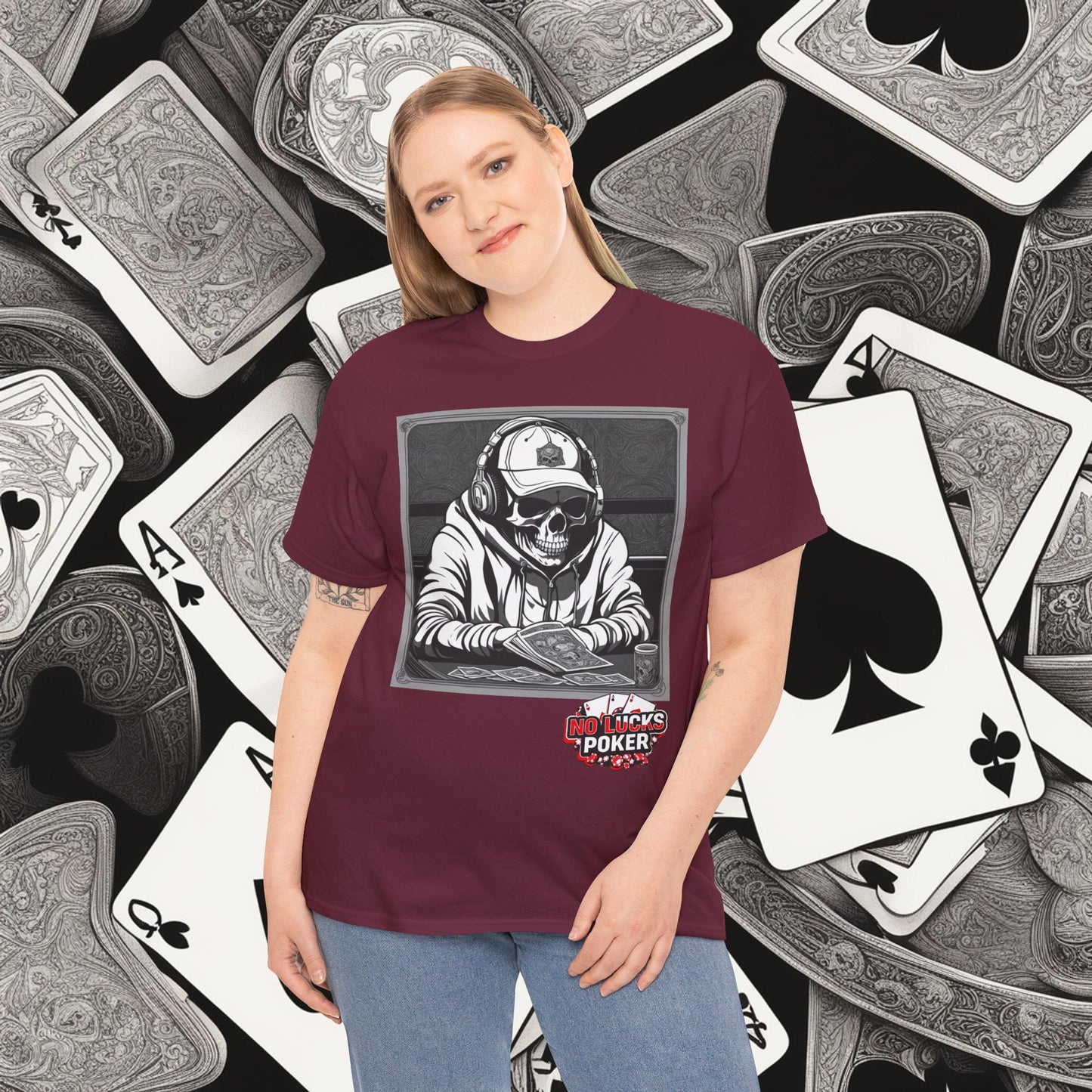 Poker Skull in hoodie and headphones unisex heavy cotton T-shirt No Lucks Given