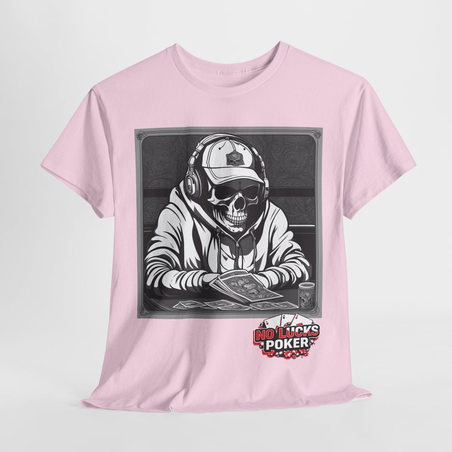 Poker Skull in hoodie and headphones unisex heavy cotton T-shirt No Lucks Given