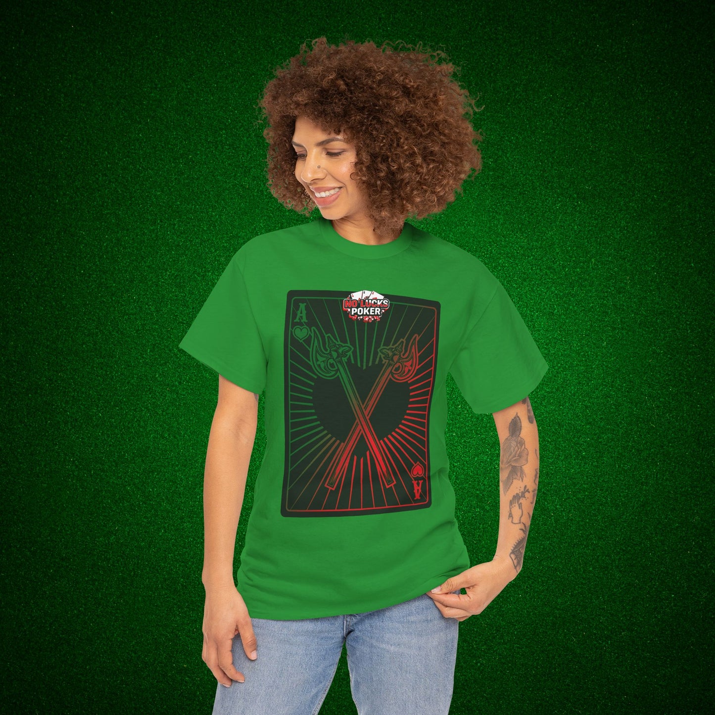 No Lucks Given Ace of Hearts card with two big axes Green Red Poker T-Shirt Must have Good Luck All-in