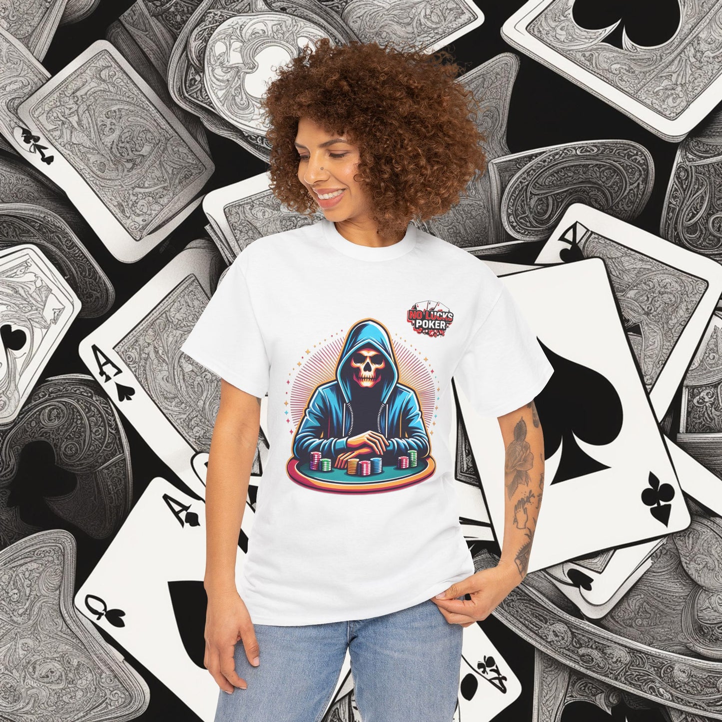 Poker Player with Skull at Poker Table 0 Lucks Given Unisex heavy cotton tee Poker Apparel