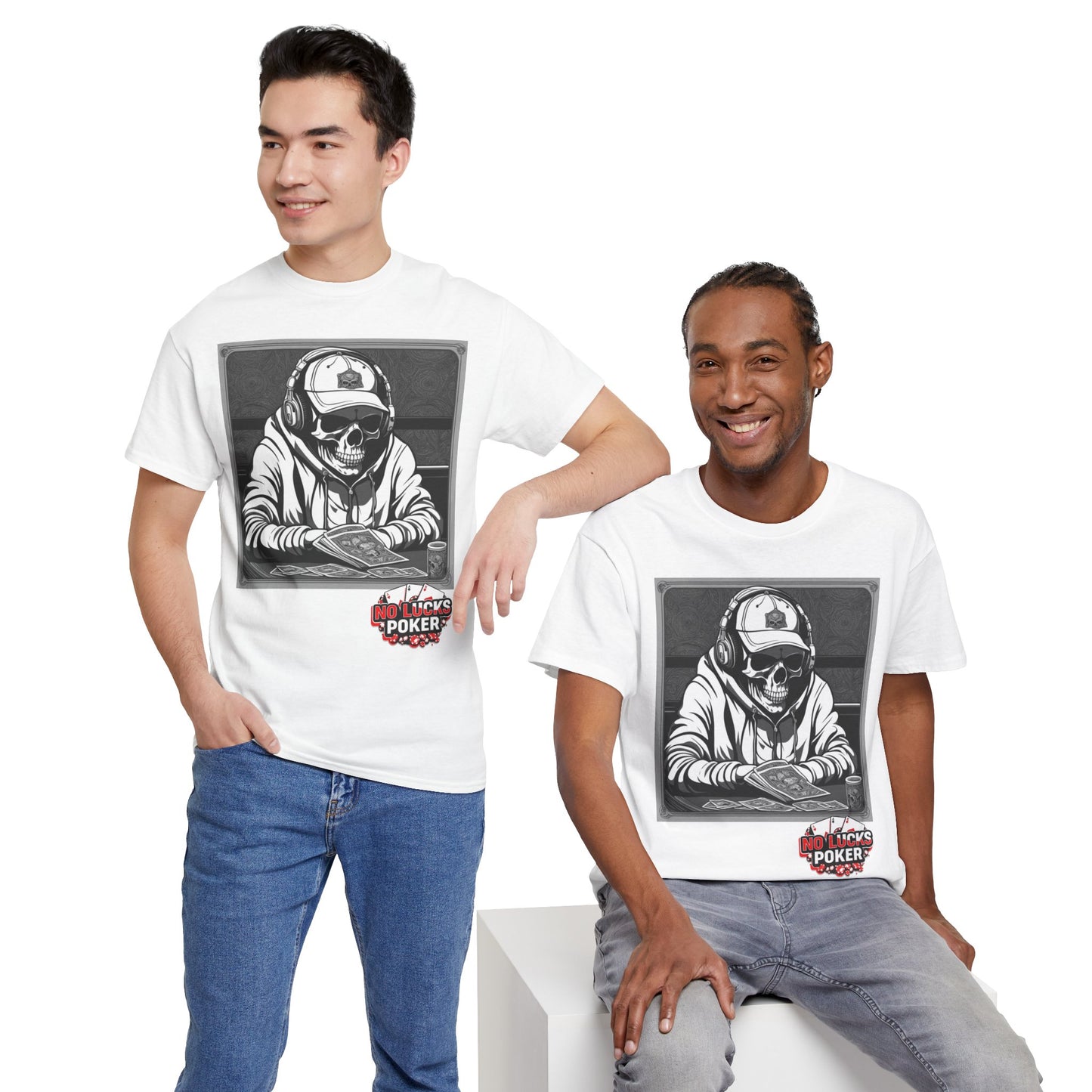 Poker Skull in hoodie and headphones unisex heavy cotton T-shirt No Lucks Given
