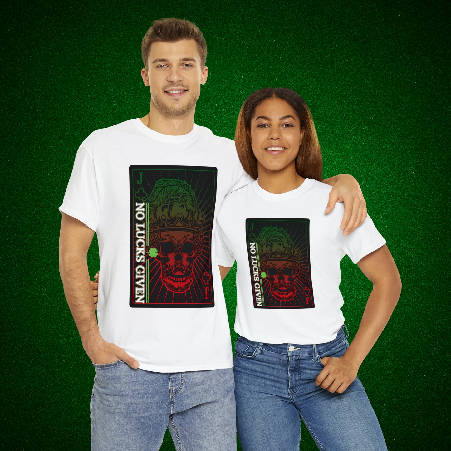 No Lucks Given Jack Skull in Crown of Clubs Green Red Poker T-Shirt Must have Good Luck All-in