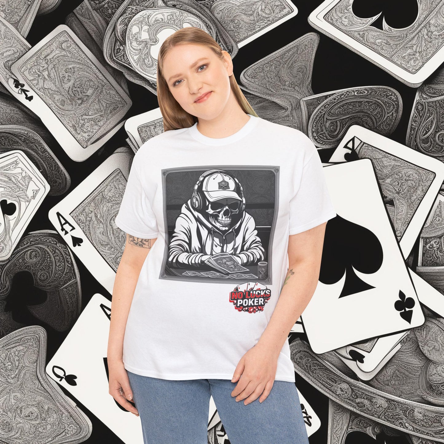 Poker Skull in hoodie and headphones unisex heavy cotton T-shirt No Lucks Given