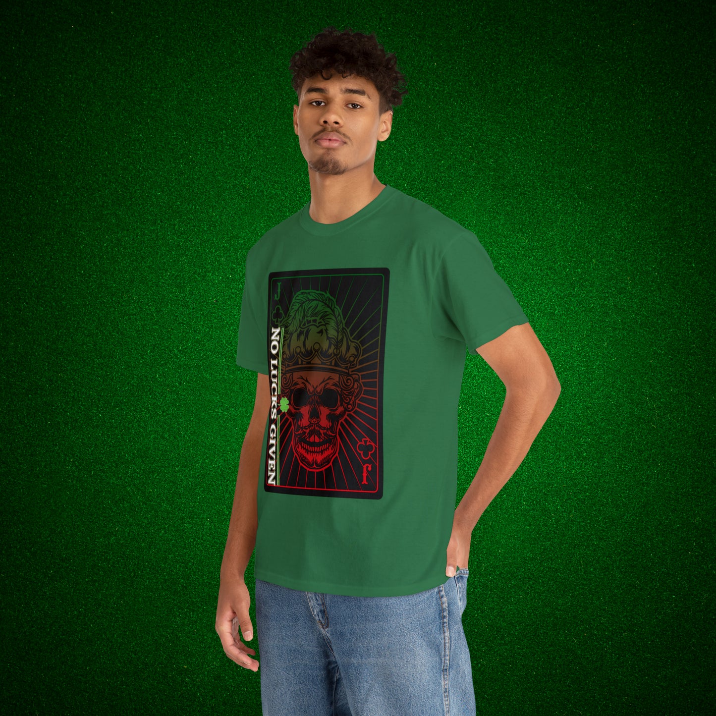No Lucks Given Jack Skull in Crown of Clubs Green Red Poker T-Shirt Must have Good Luck All-in