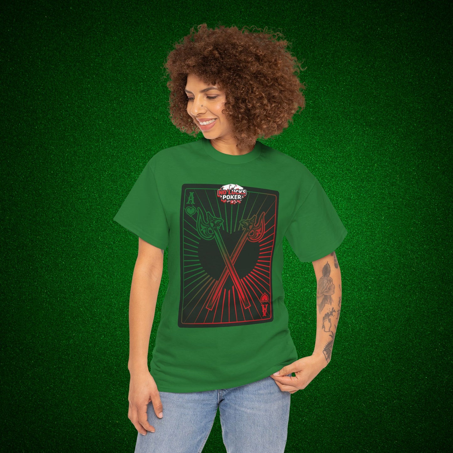 No Lucks Given Ace of Hearts card with two big axes Green Red Poker T-Shirt Must have Good Luck All-in