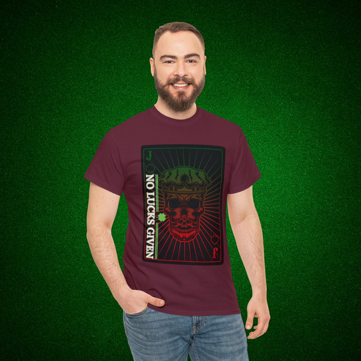 No Lucks Given Jack Skull in Crown of Spades Green Red Poker T-Shirt Must have Good Luck All-in