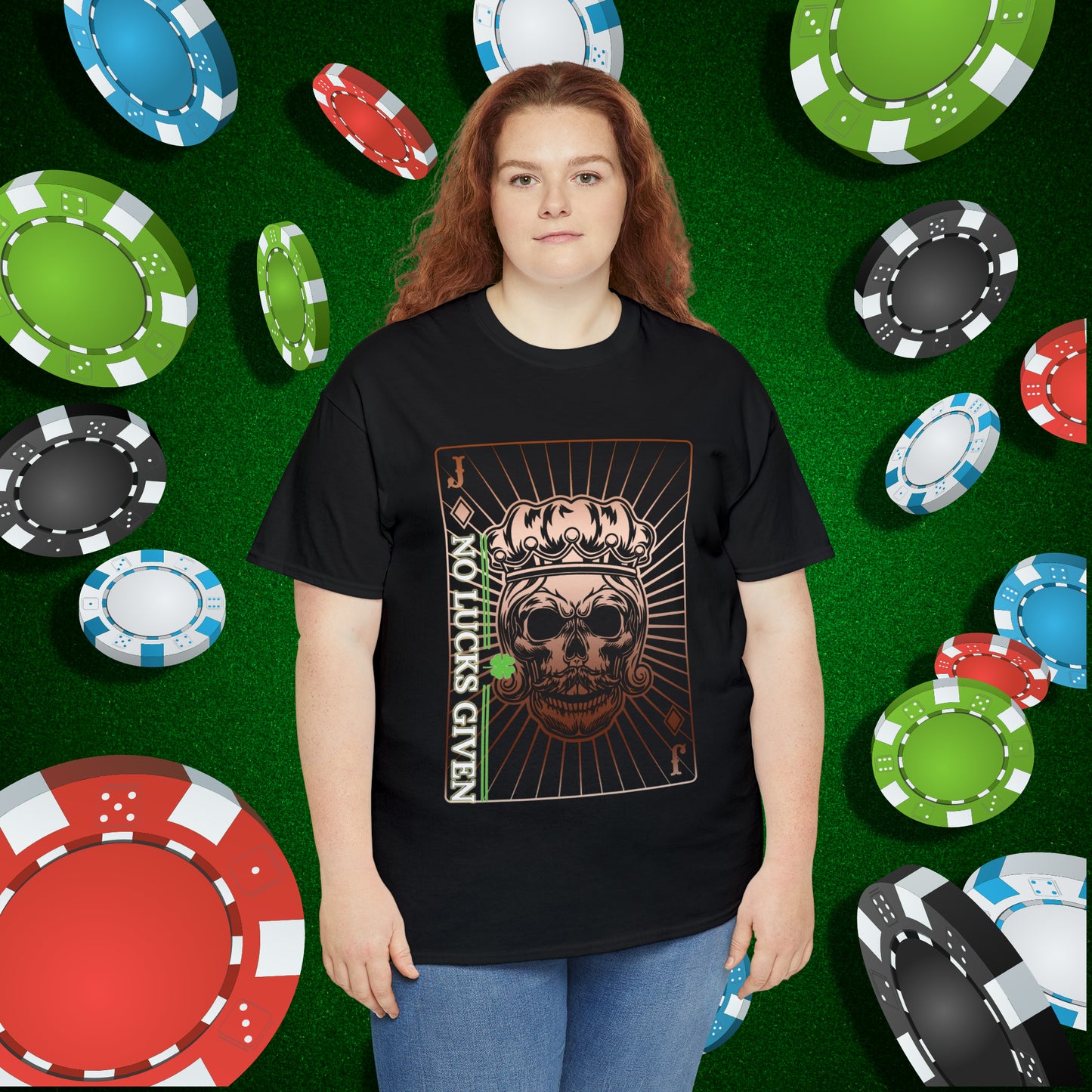 No Lucks Given Jack Skull in Crown of Diamonds Copper Poker T-Shirt Must have Good Luck All-in