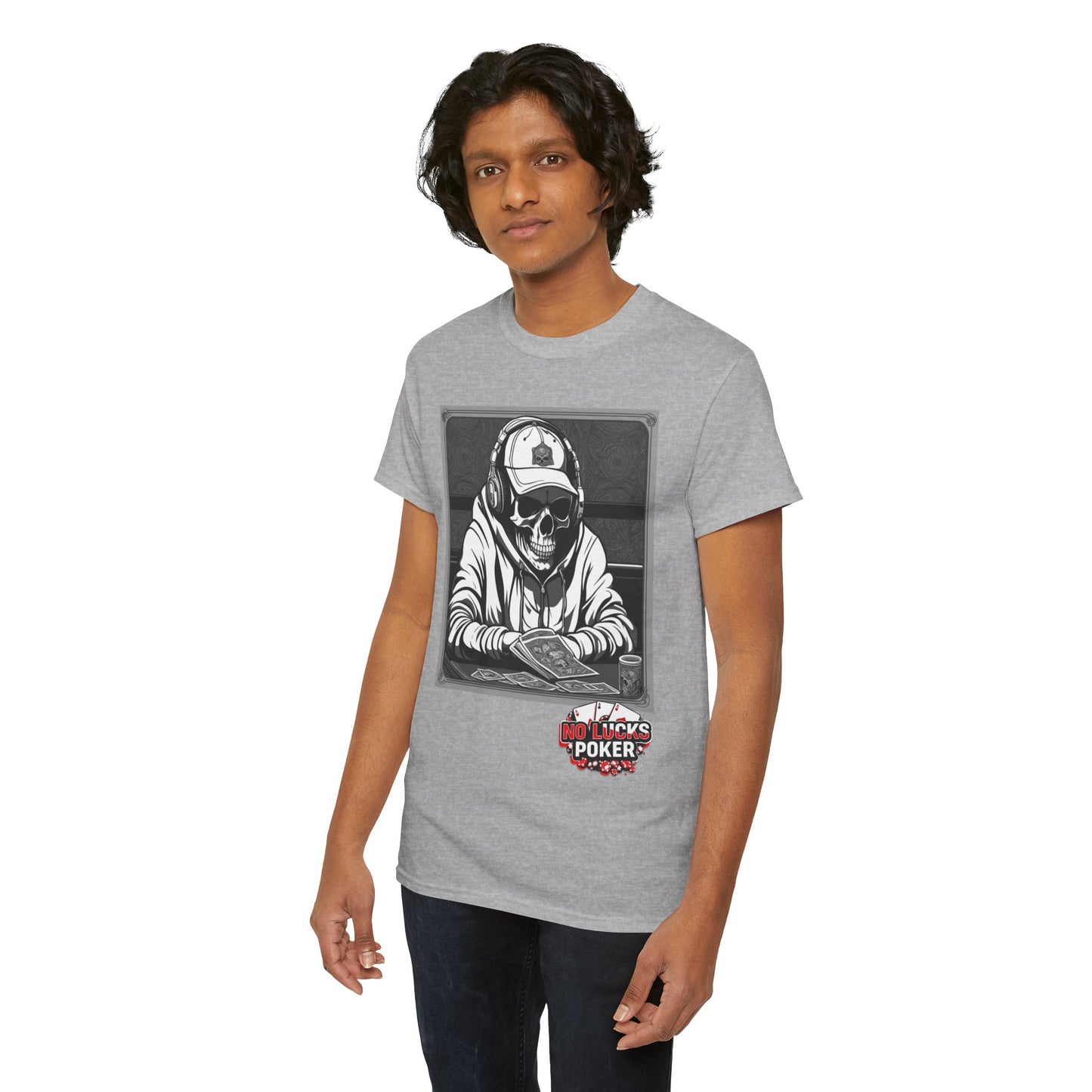 Poker Skull in hoodie and headphones unisex heavy cotton T-shirt No Lucks Given