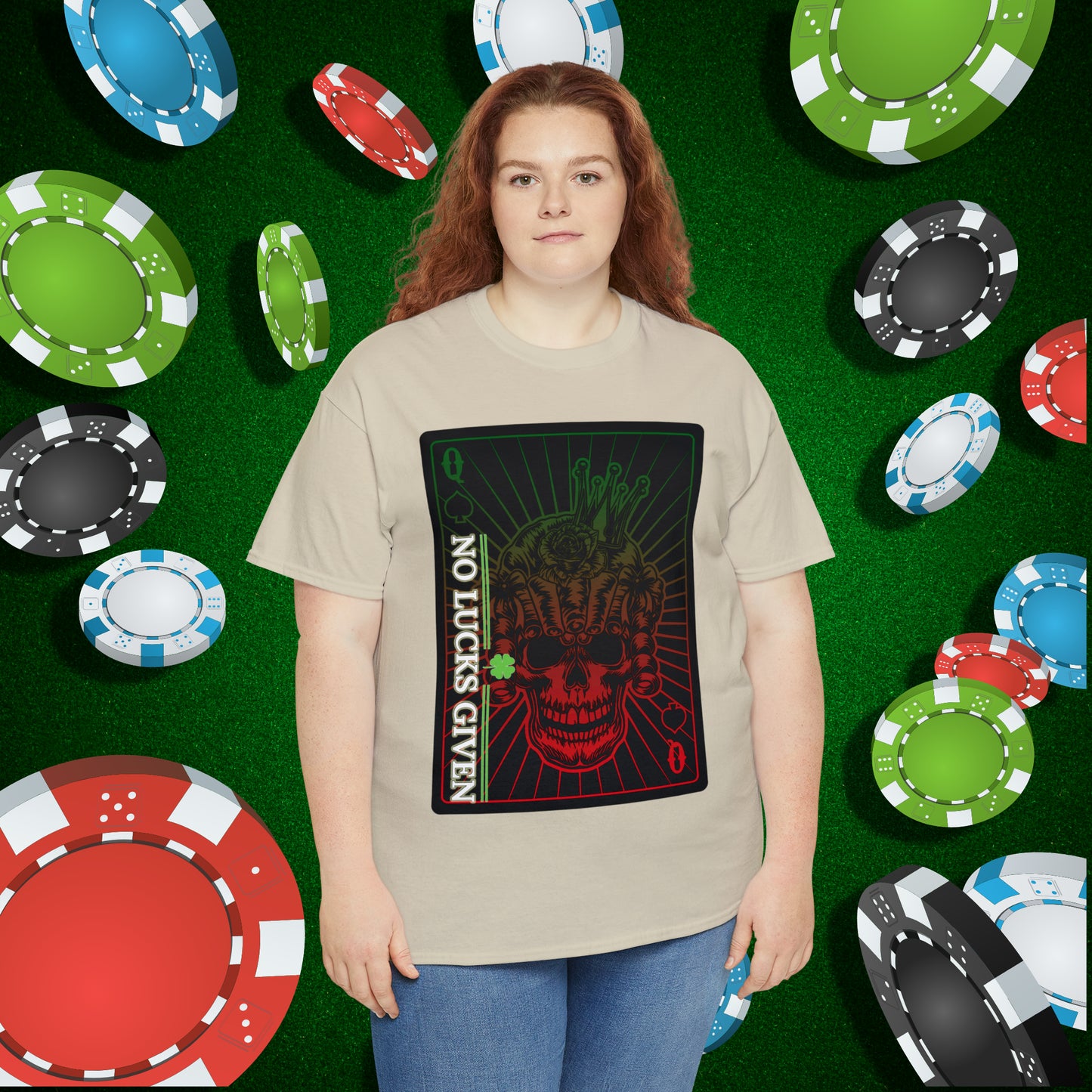 No Lucks Given Angry Queen of Spades Green Red Poker T-Shirt Must have Good Luck All-in