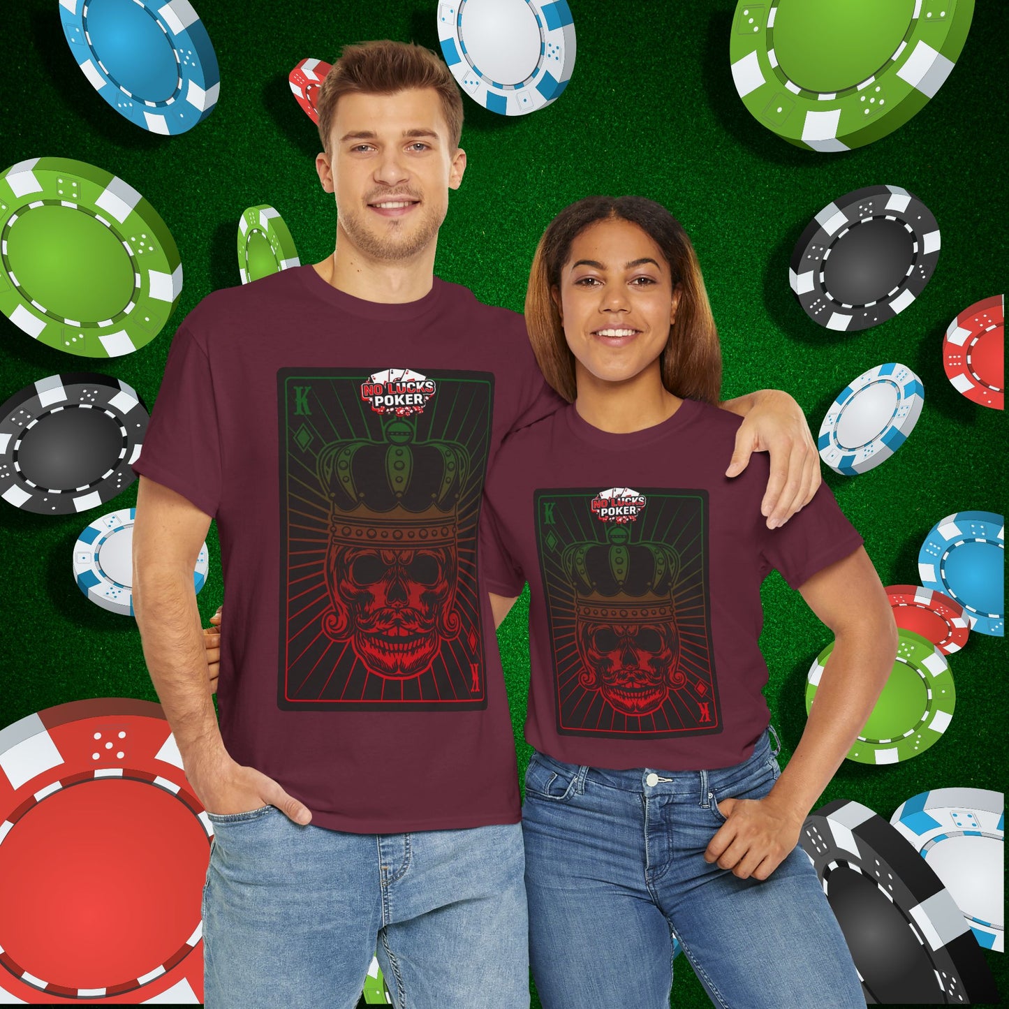 No Lucks Given Royal Skull King of Diamonds Red and Green Poker T-Shirt Must have Good Luck All-in