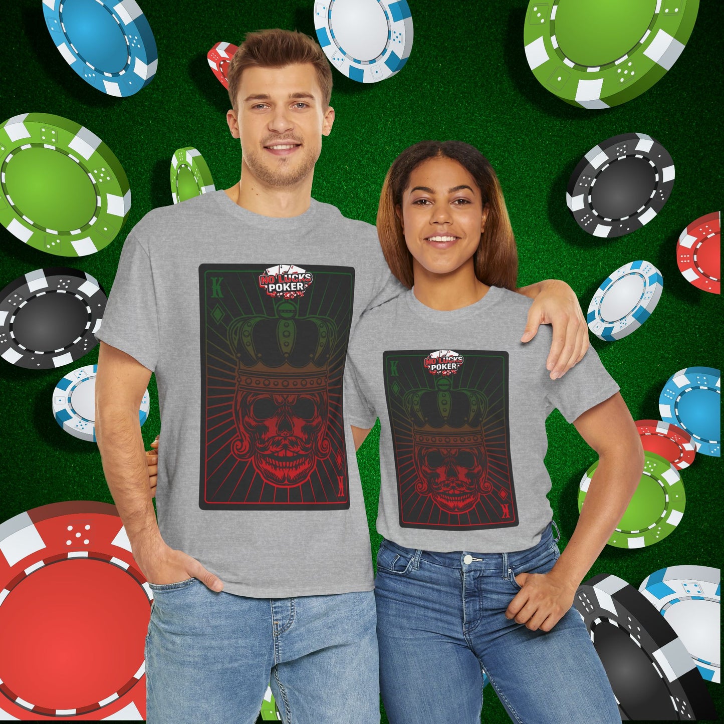 No Lucks Given Royal Skull King of Diamonds Red and Green Poker T-Shirt Must have Good Luck All-in