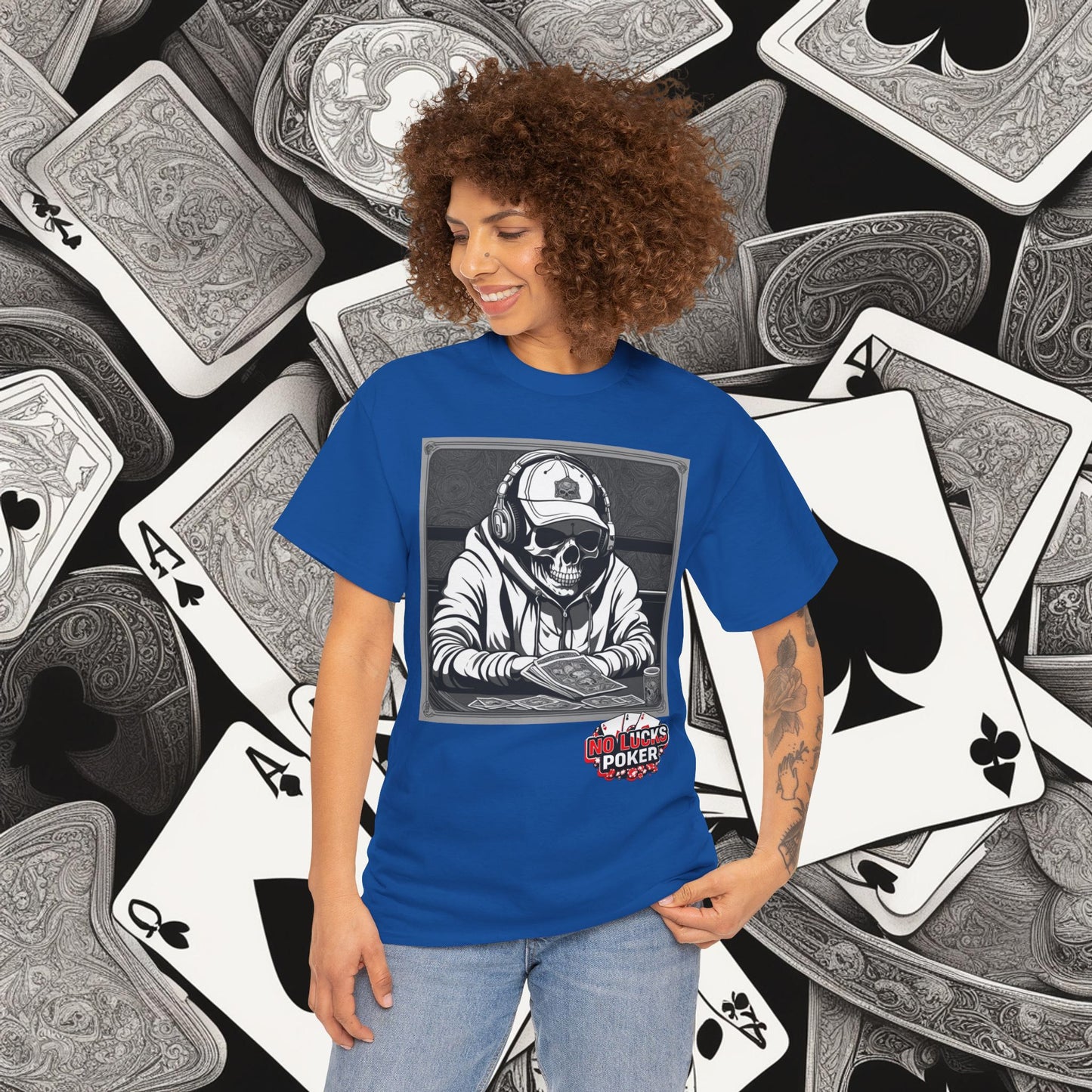 Poker Skull in hoodie and headphones unisex heavy cotton T-shirt No Lucks Given