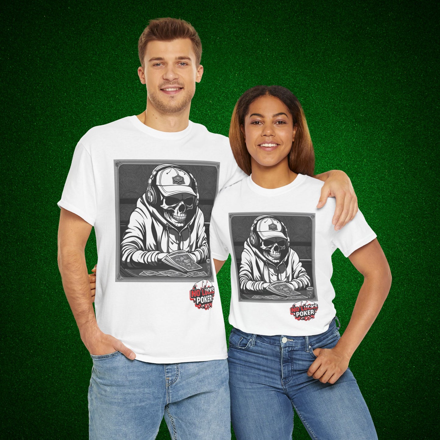 Poker Skull in hoodie and headphones unisex heavy cotton T-shirt No Lucks Given