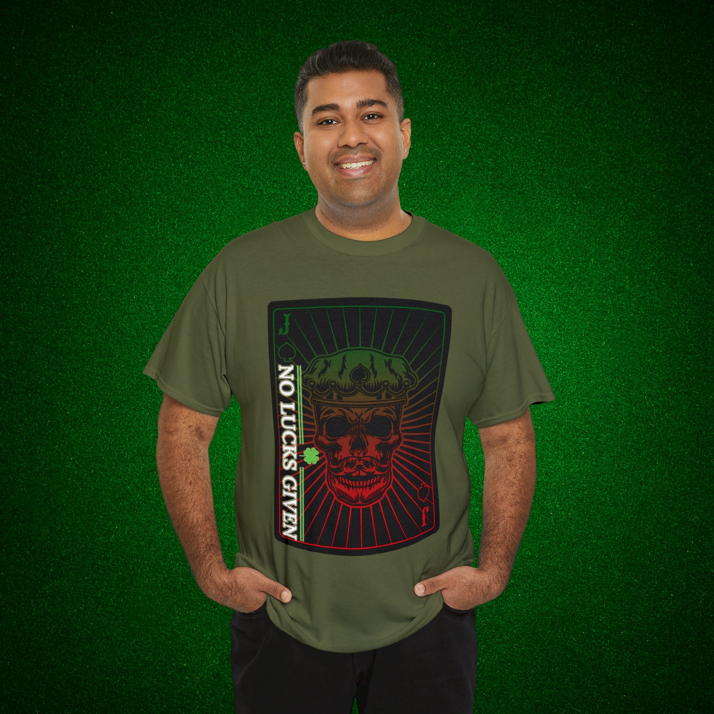 No Lucks Given Jack Skull in Crown of Spades Green Red Poker T-Shirt Must have Good Luck All-in