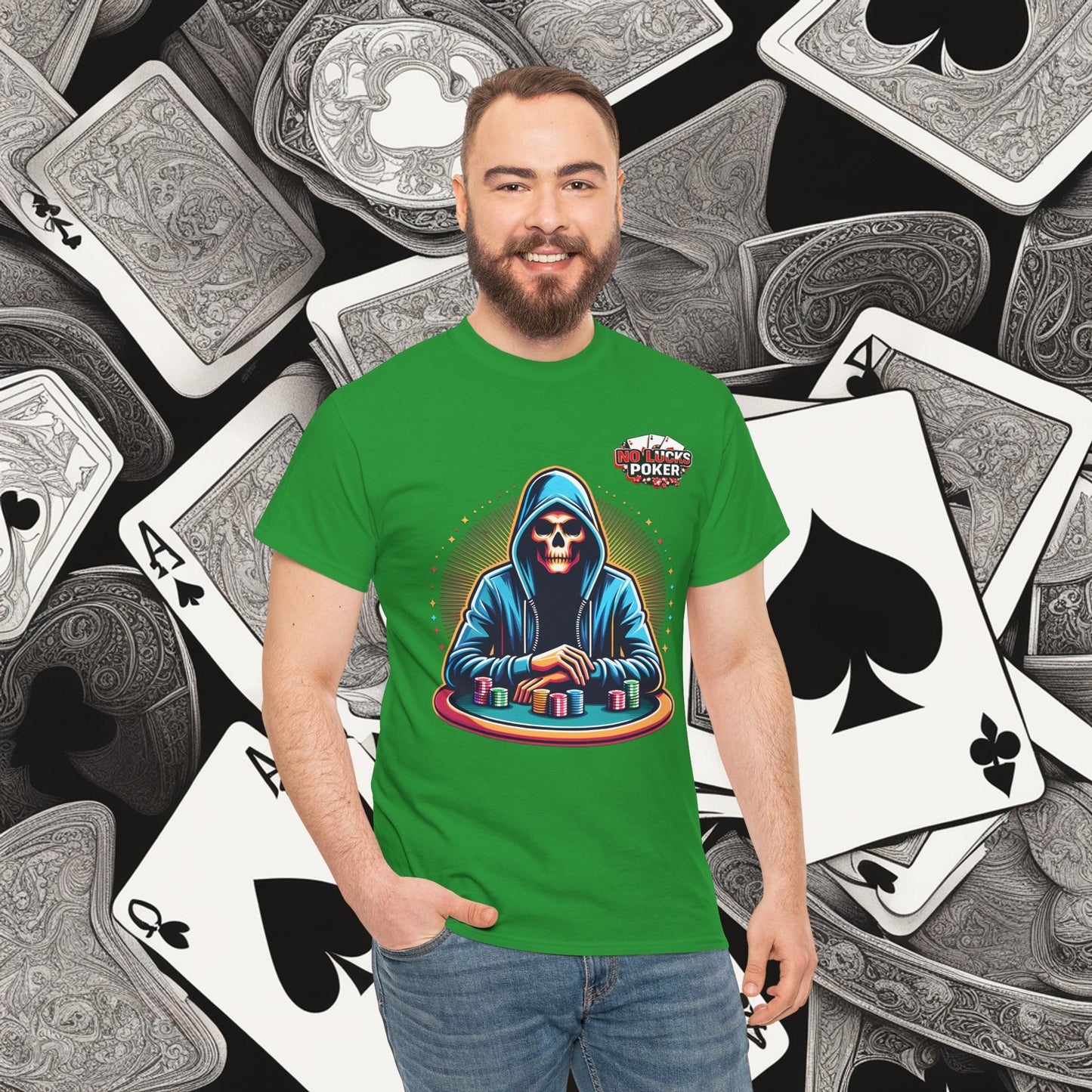 Poker Player with Skull at Poker Table 0 Lucks Given Unisex heavy cotton tee Poker Apparel