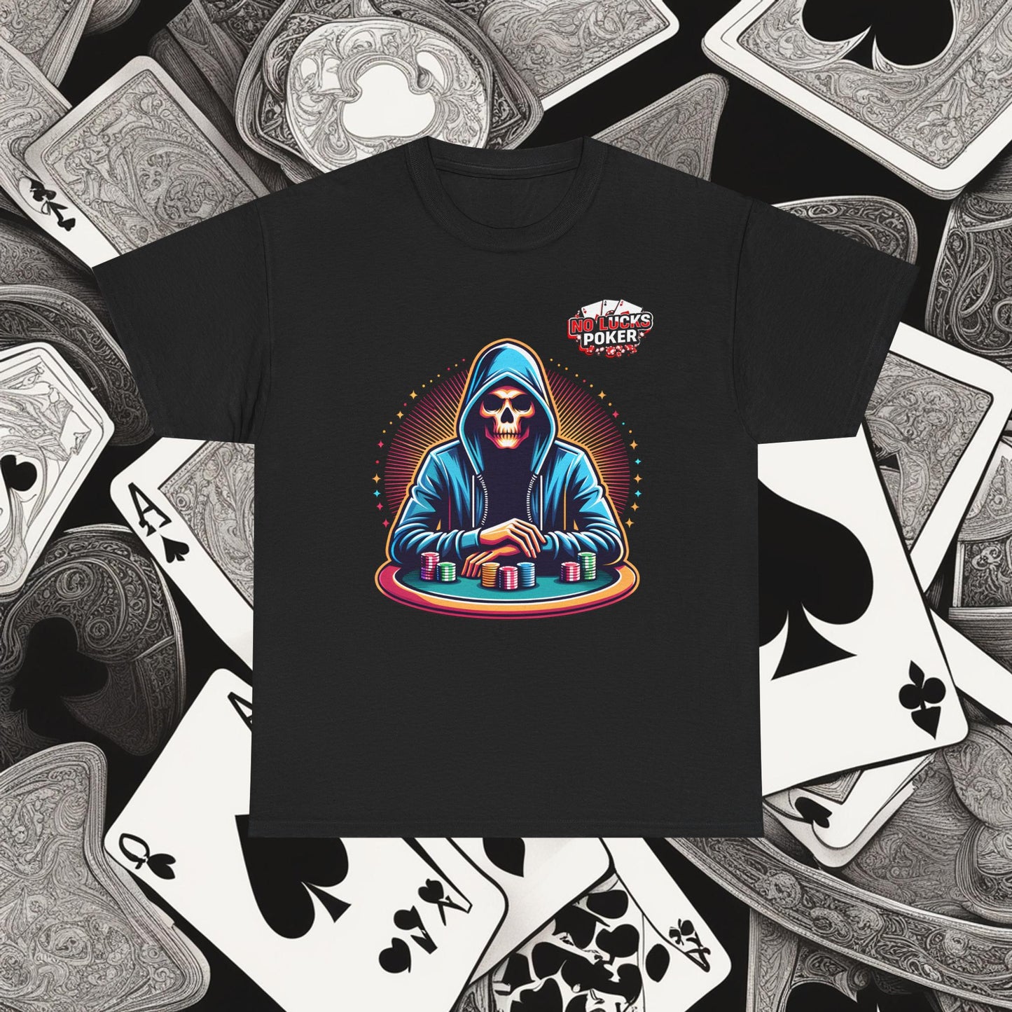 Poker Player with Skull at Poker Table 0 Lucks Given Unisex heavy cotton tee Poker Apparel