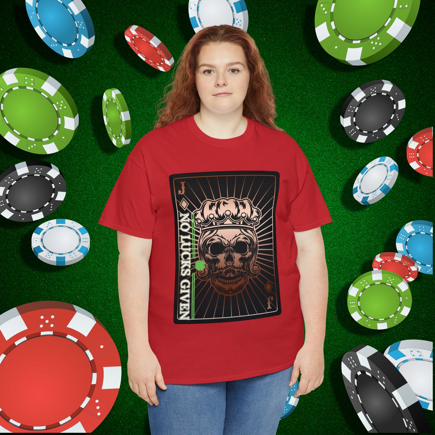 No Lucks Given Jack Skull in Crown of Diamonds Copper Poker T-Shirt Must have Good Luck All-in