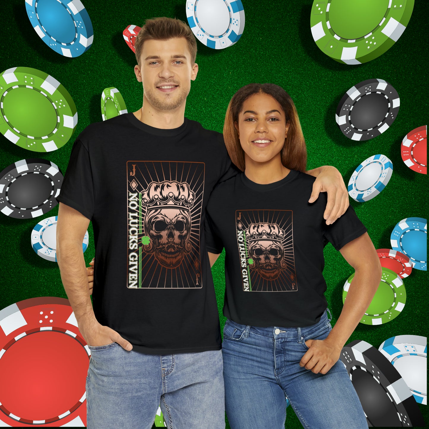 No Lucks Given Jack Skull in Crown of Diamonds Copper Poker T-Shirt Must have Good Luck All-in