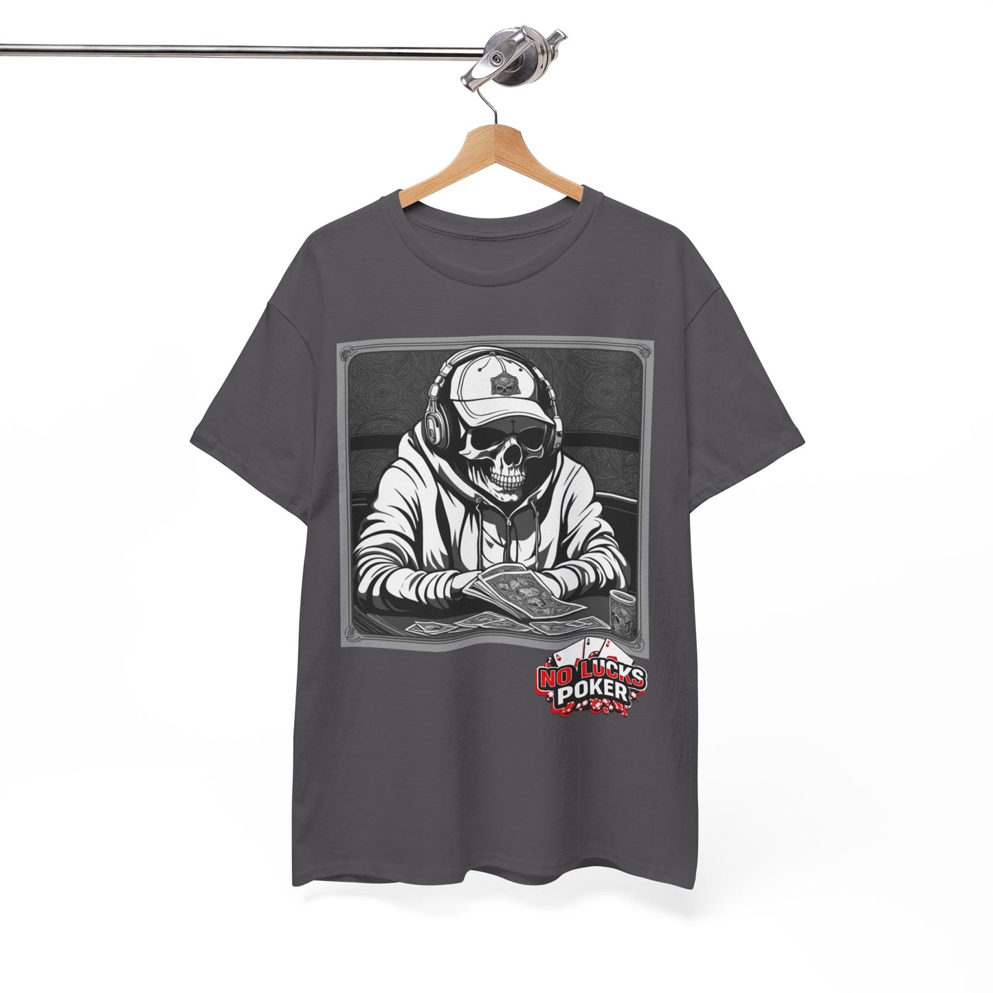 Poker Skull in hoodie and headphones unisex heavy cotton T-shirt No Lucks Given
