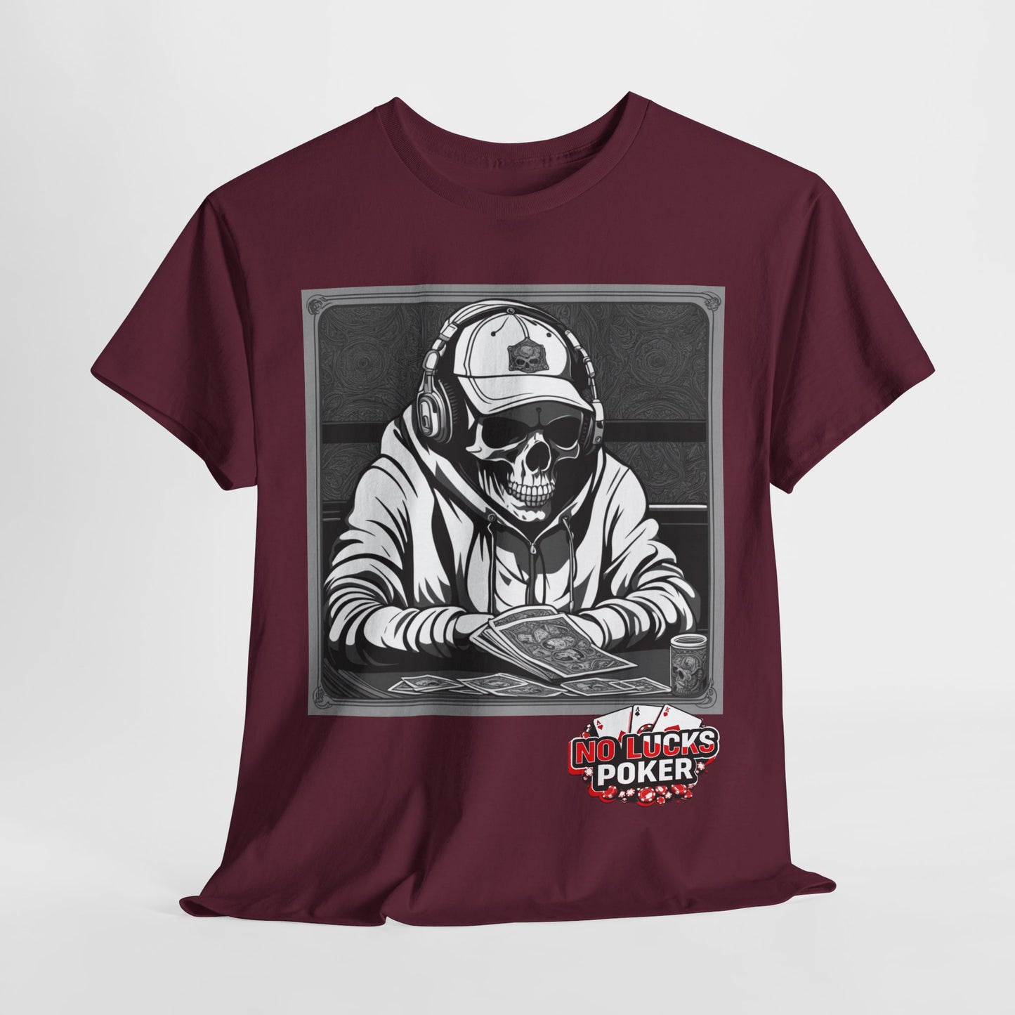 Poker Skull in hoodie and headphones unisex heavy cotton T-shirt No Lucks Given