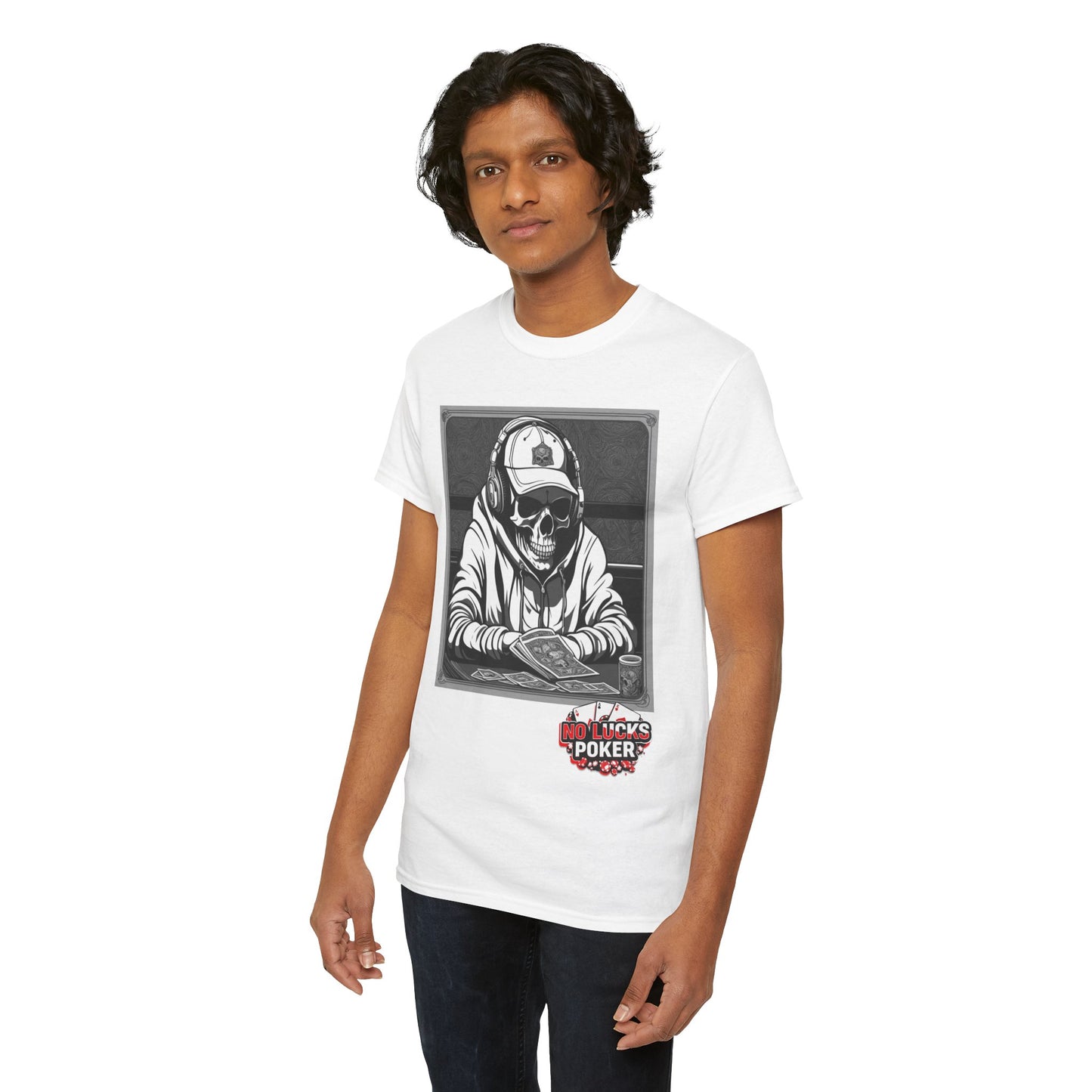 Poker Skull in hoodie and headphones unisex heavy cotton T-shirt No Lucks Given