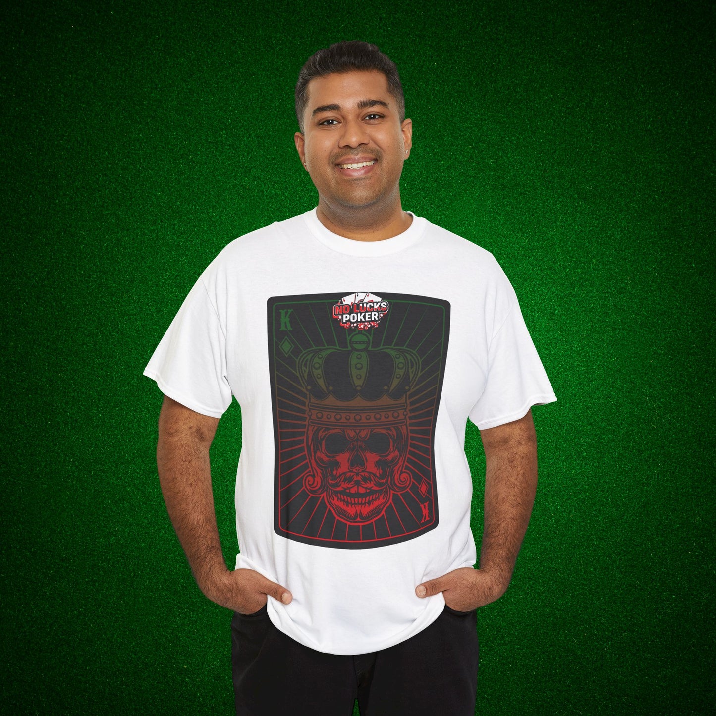 No Lucks Given Royal Skull King of Diamonds Red and Green Poker T-Shirt Must have Good Luck All-in