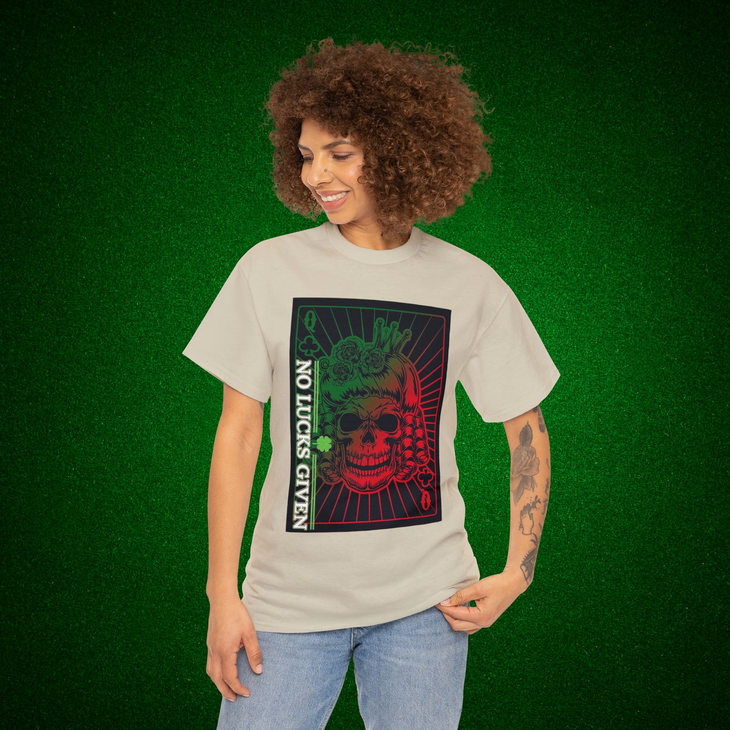 No Lucks Given Angry Queen of Clubs Green Red Poker T-Shirt Must have Good Luck All-in