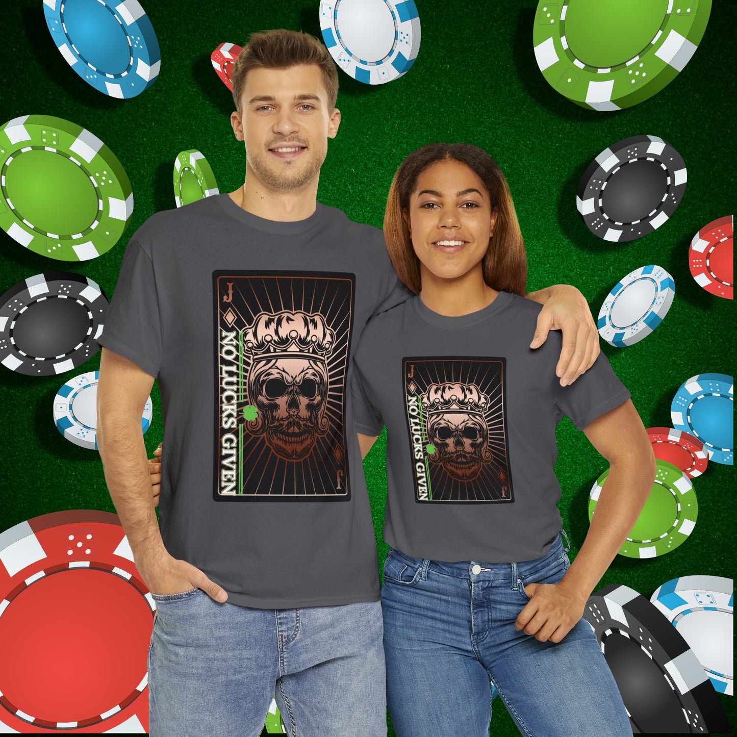 No Lucks Given Jack Skull in Crown of Diamonds Copper Poker T-Shirt Must have Good Luck All-in