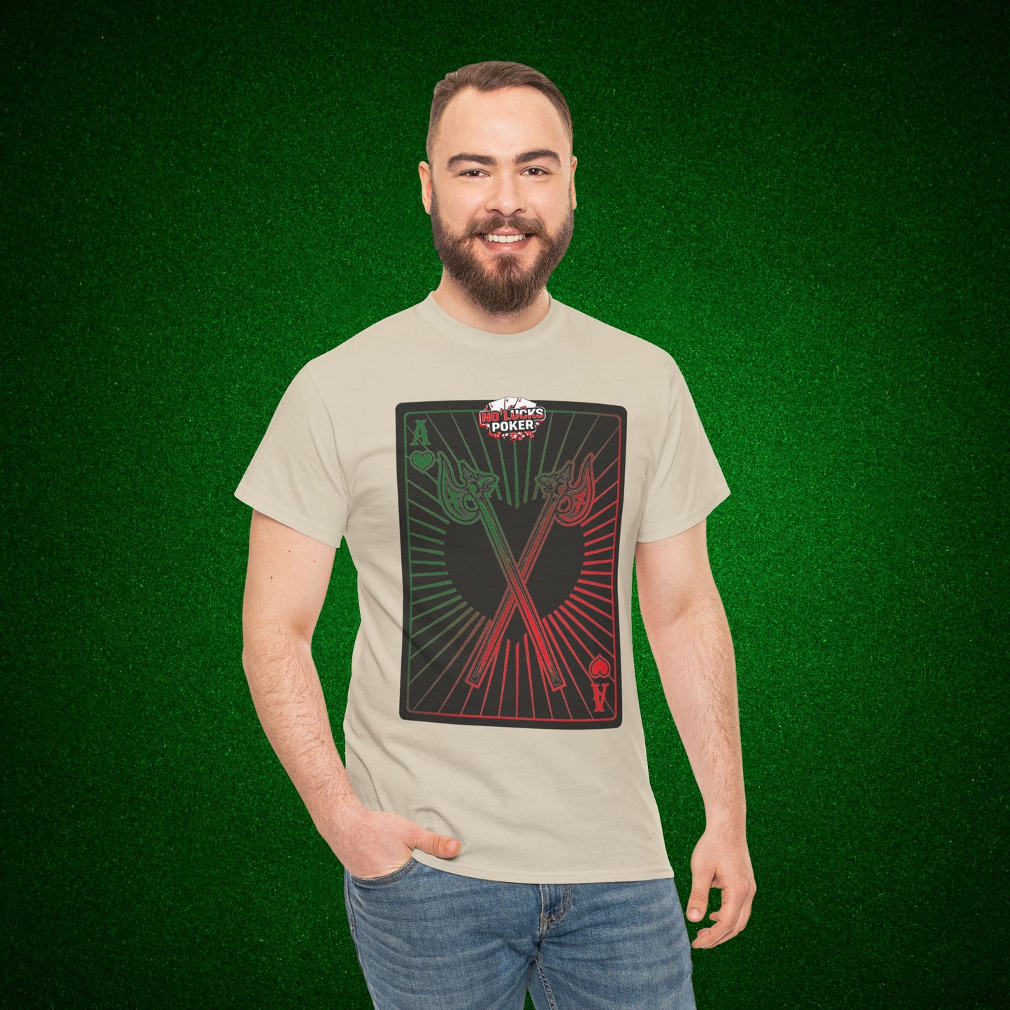 No Lucks Given Ace of Hearts card with two big axes Green Red Poker T-Shirt Must have Good Luck All-in