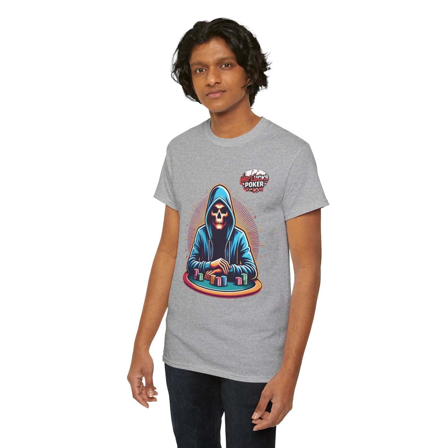 Poker Player with Skull at Poker Table 0 Lucks Given Unisex heavy cotton tee Poker Apparel