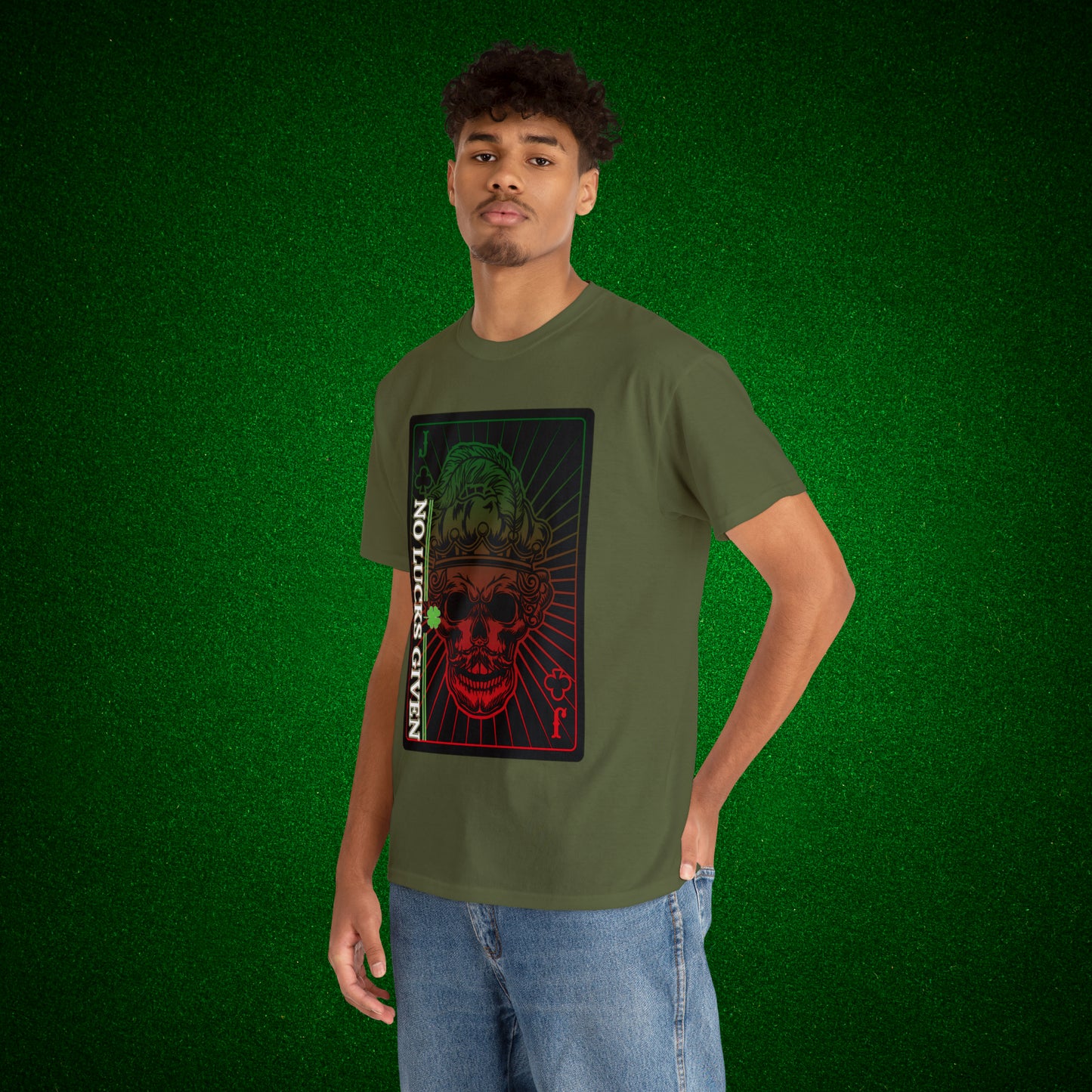 No Lucks Given Jack Skull in Crown of Clubs Green Red Poker T-Shirt Must have Good Luck All-in