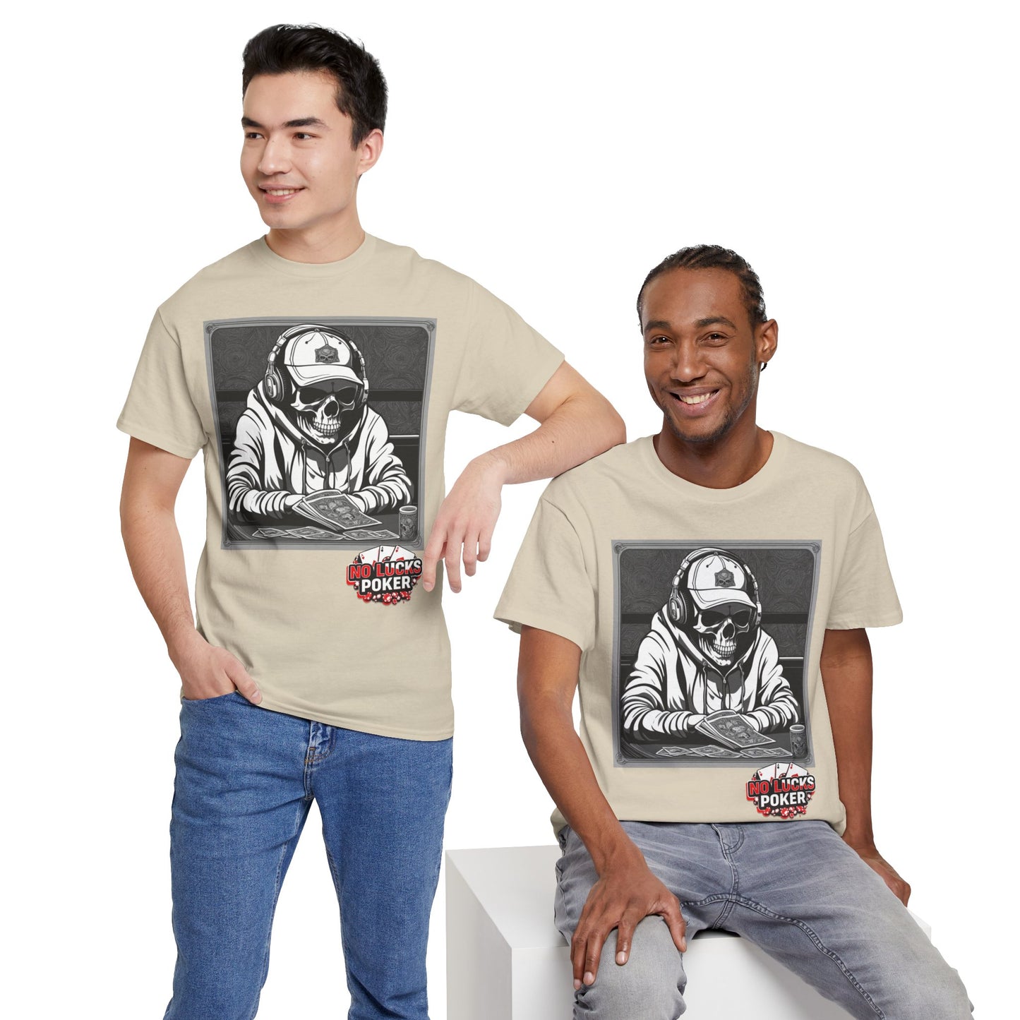 Poker Skull in hoodie and headphones unisex heavy cotton T-shirt No Lucks Given