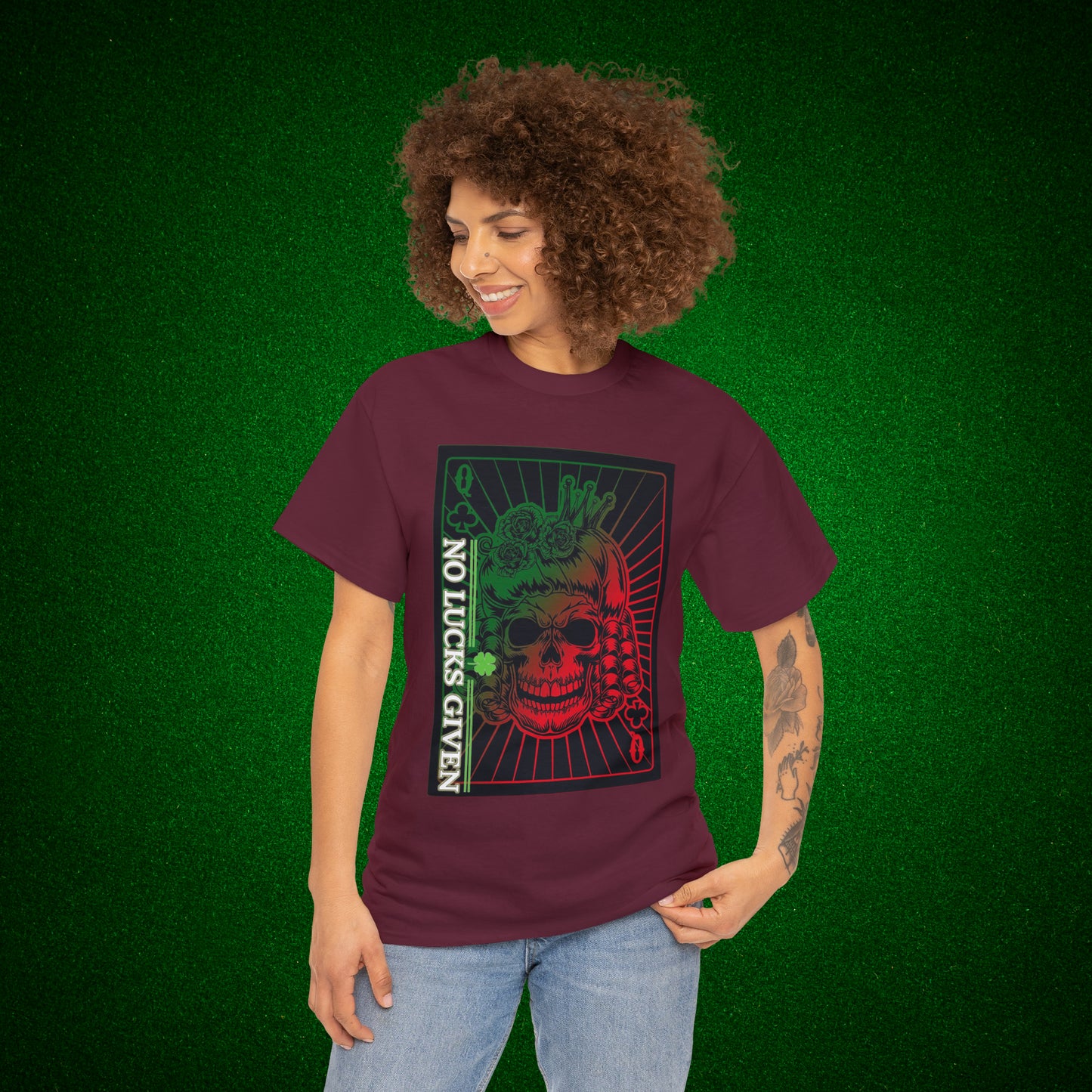 No Lucks Given Angry Queen of Clubs Green Red Poker T-Shirt Must have Good Luck All-in