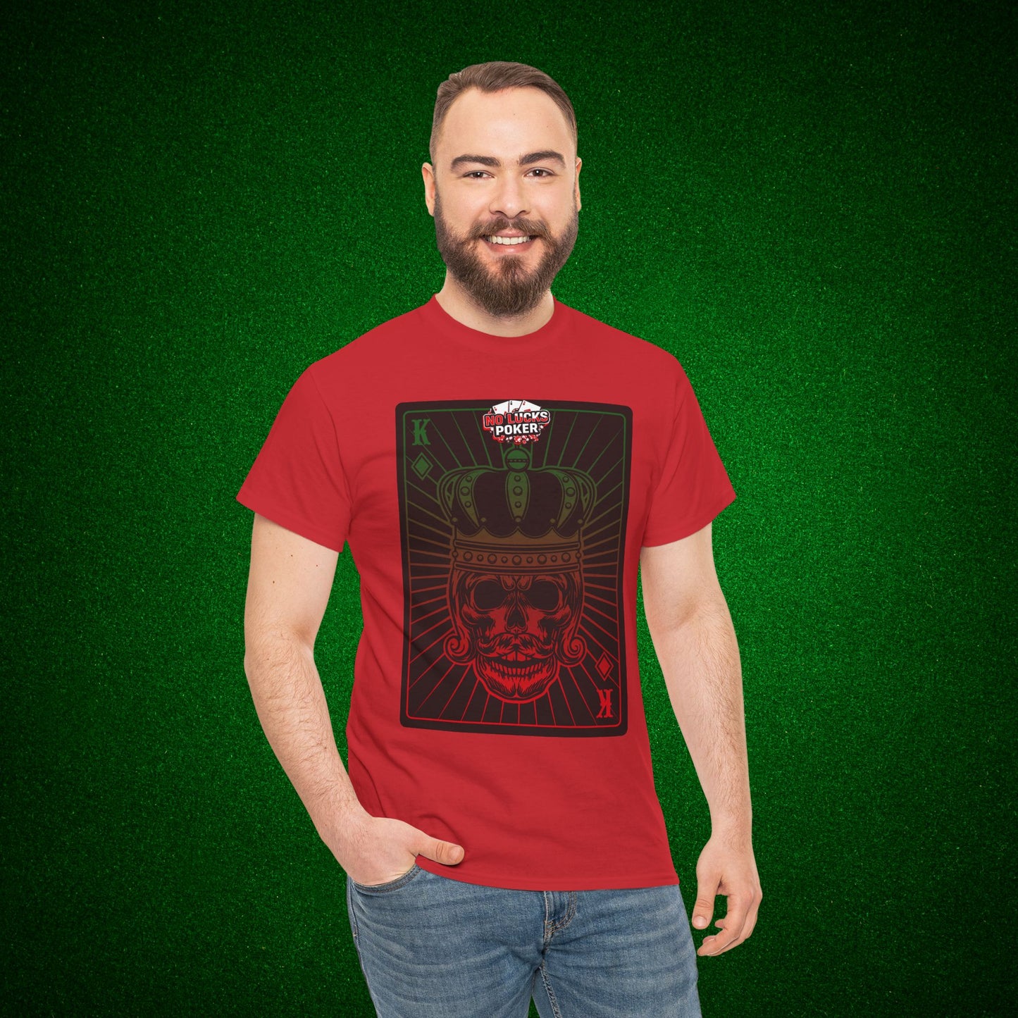 No Lucks Given Royal Skull King of Diamonds Red and Green Poker T-Shirt Must have Good Luck All-in