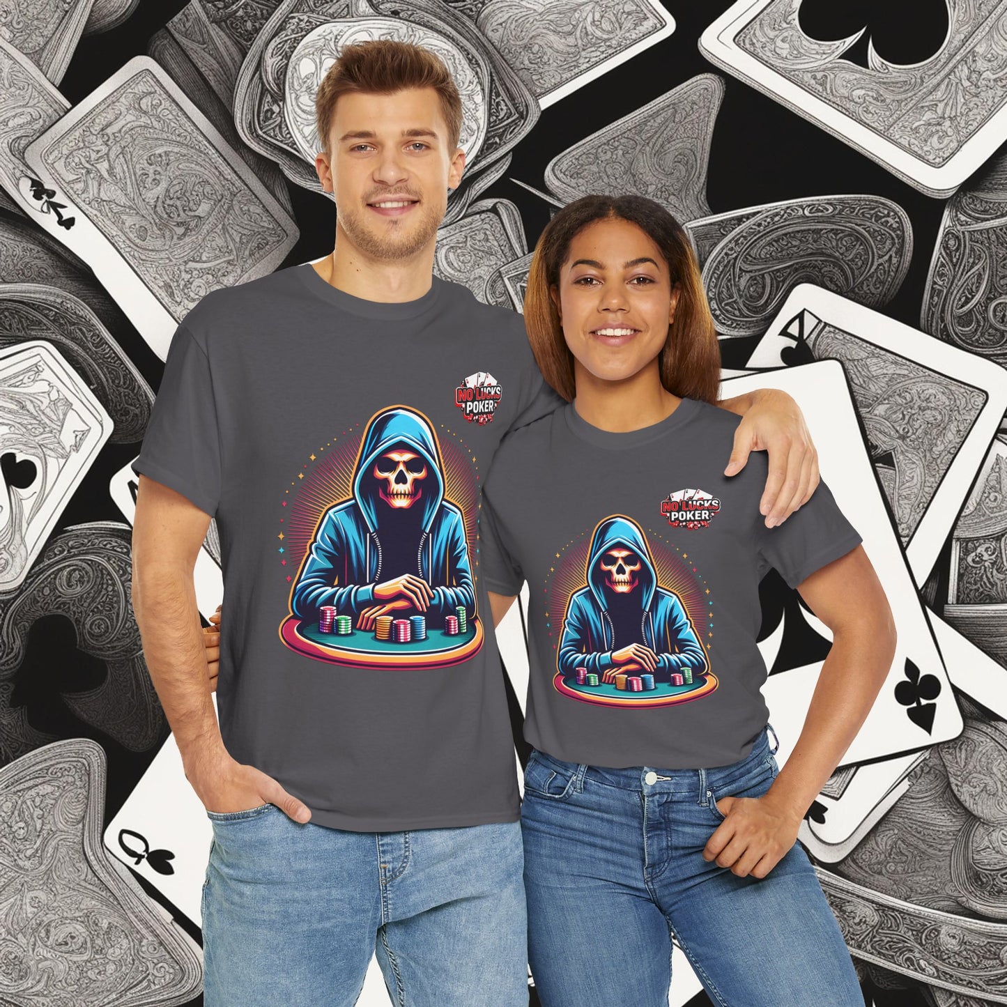 Poker Player with Skull at Poker Table 0 Lucks Given Unisex heavy cotton tee Poker Apparel
