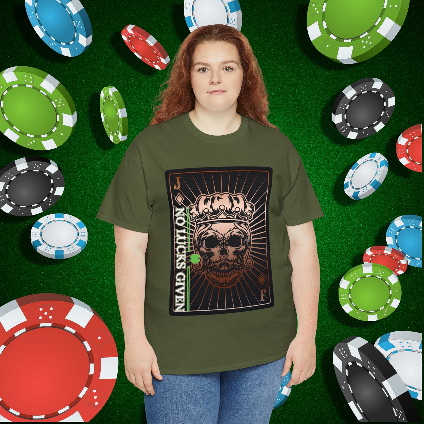 No Lucks Given Jack Skull in Crown of Diamonds Copper Poker T-Shirt Must have Good Luck All-in