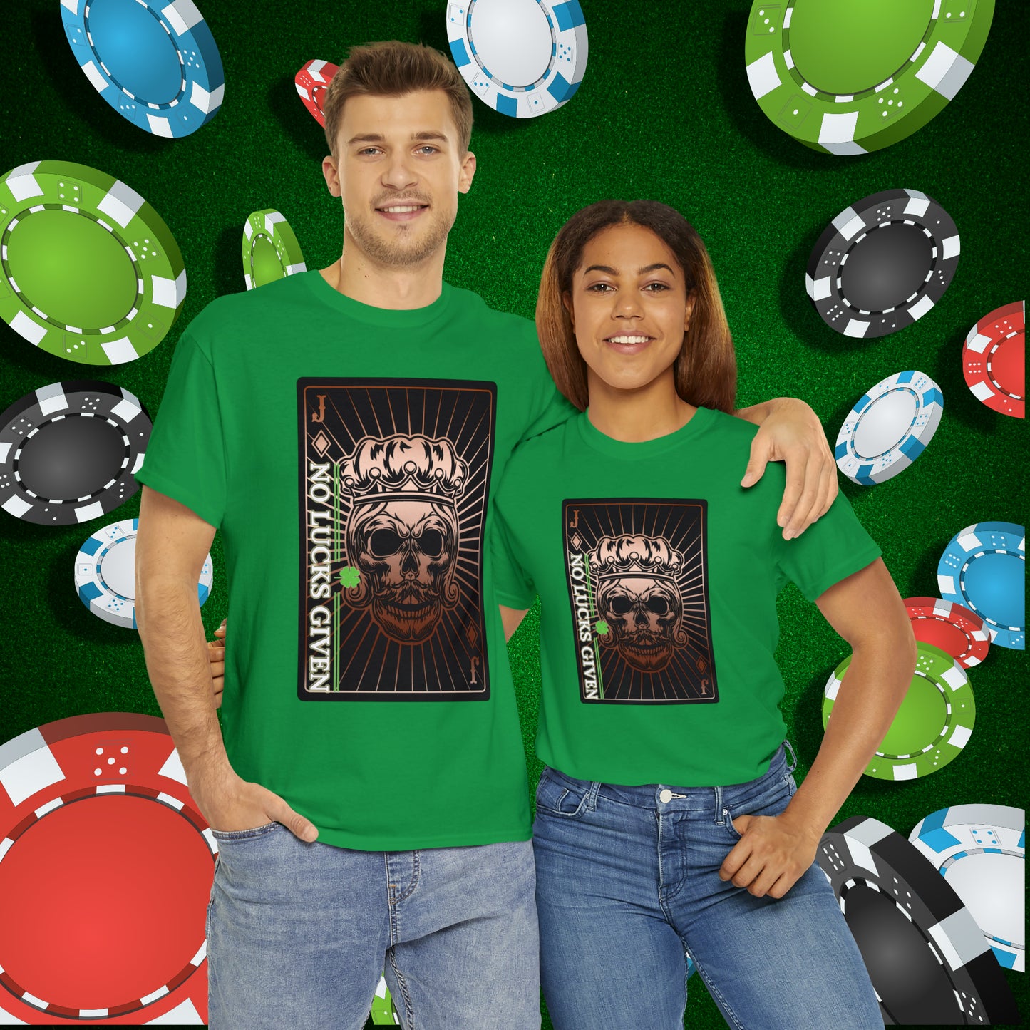 No Lucks Given Jack Skull in Crown of Diamonds Copper Poker T-Shirt Must have Good Luck All-in
